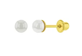 14k Gold Plated Sterling Silver 3mm Pearl Baby Children Screw Back Earrings