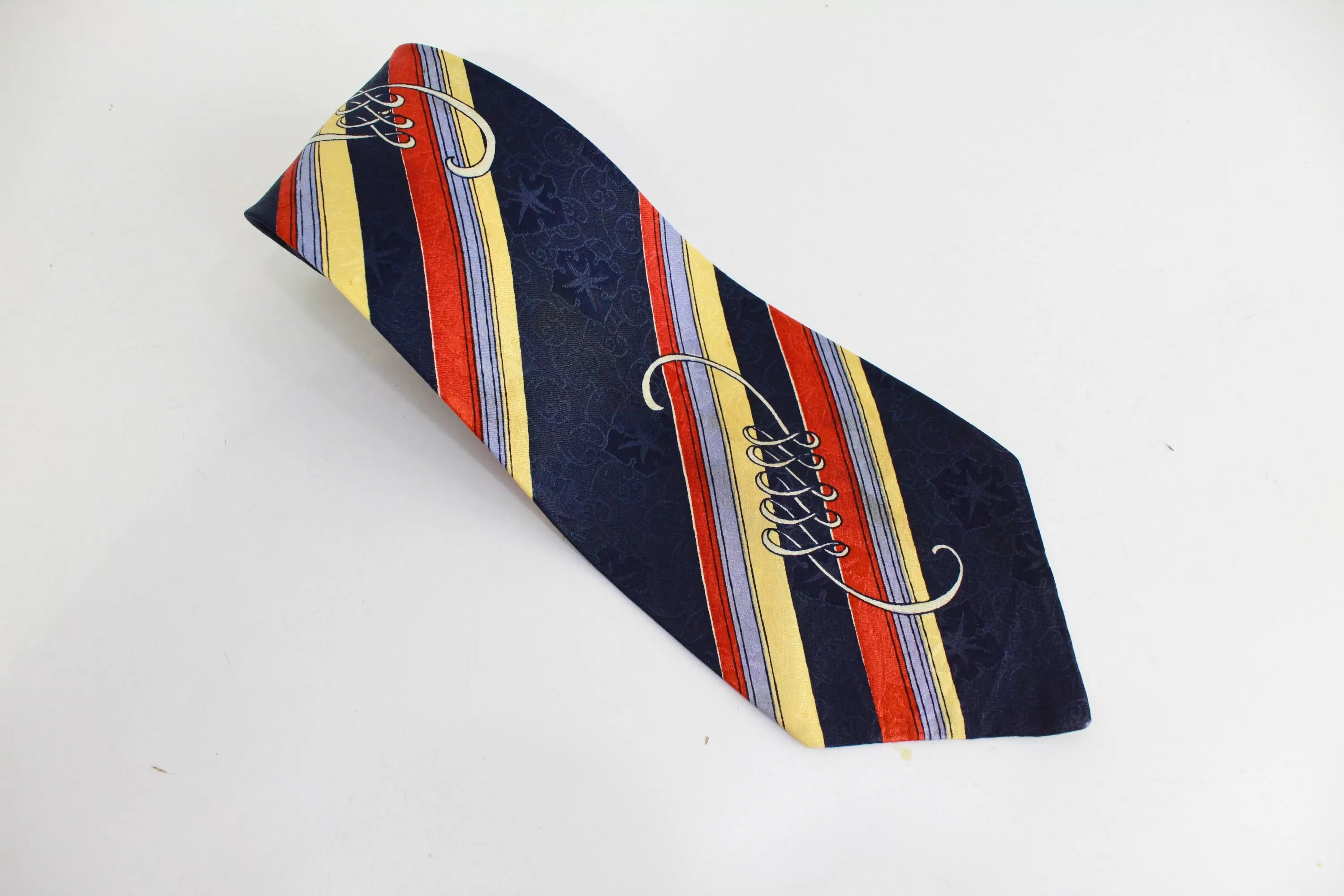 1940s Bold Look Rayon Necktie, Blue Red Yellow Stripe