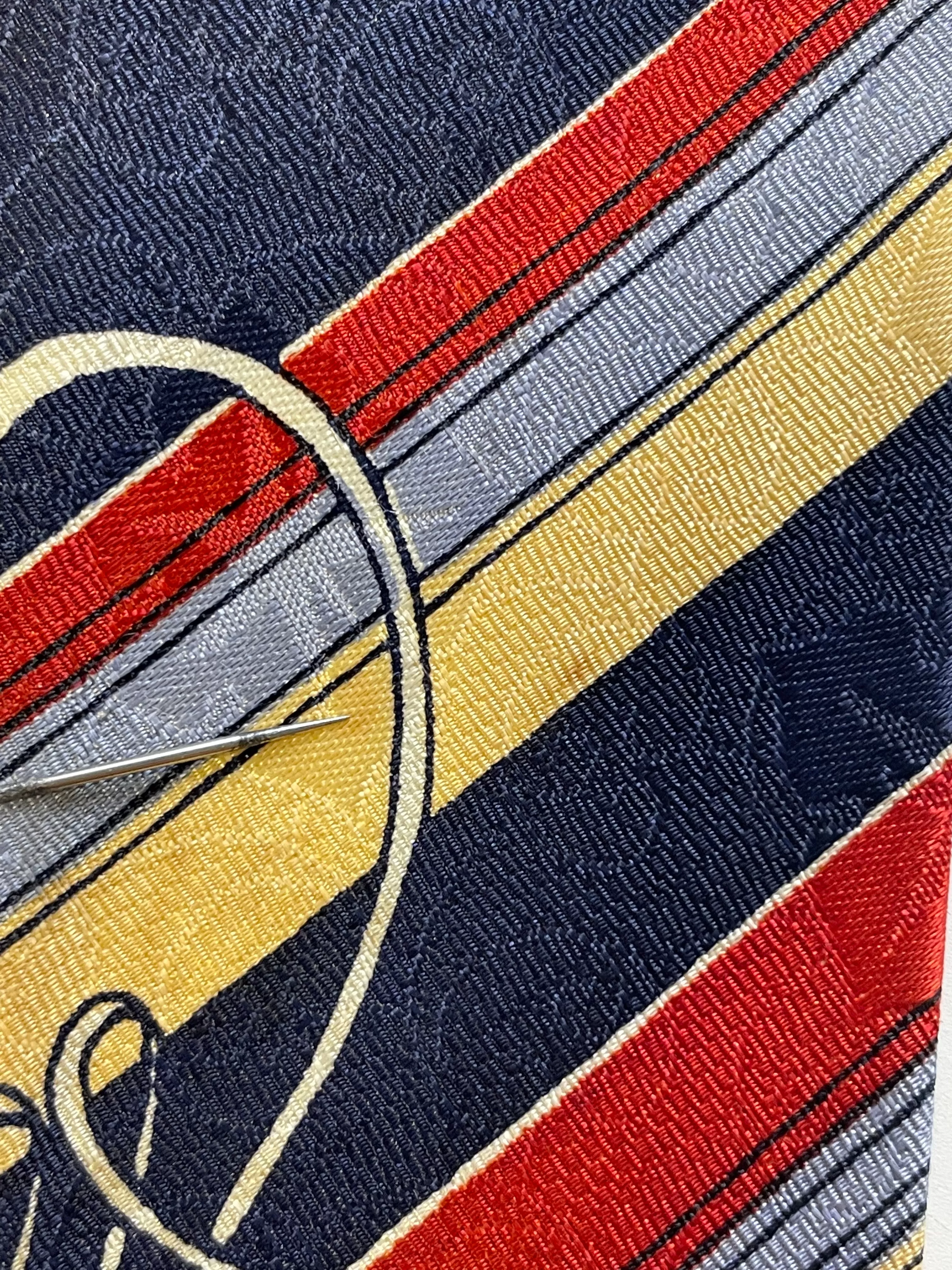 1940s Bold Look Rayon Necktie, Blue Red Yellow Stripe