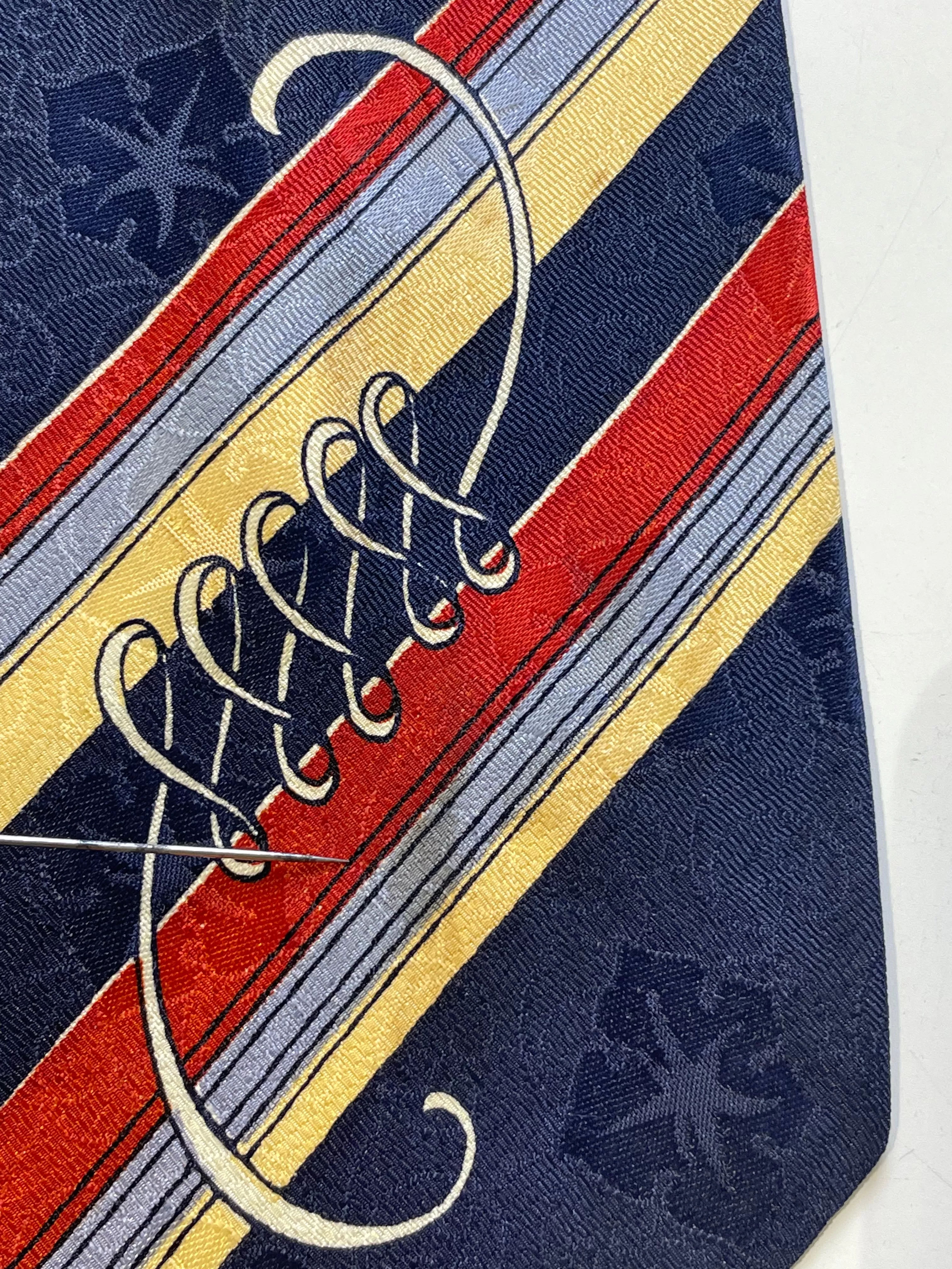 1940s Bold Look Rayon Necktie, Blue Red Yellow Stripe