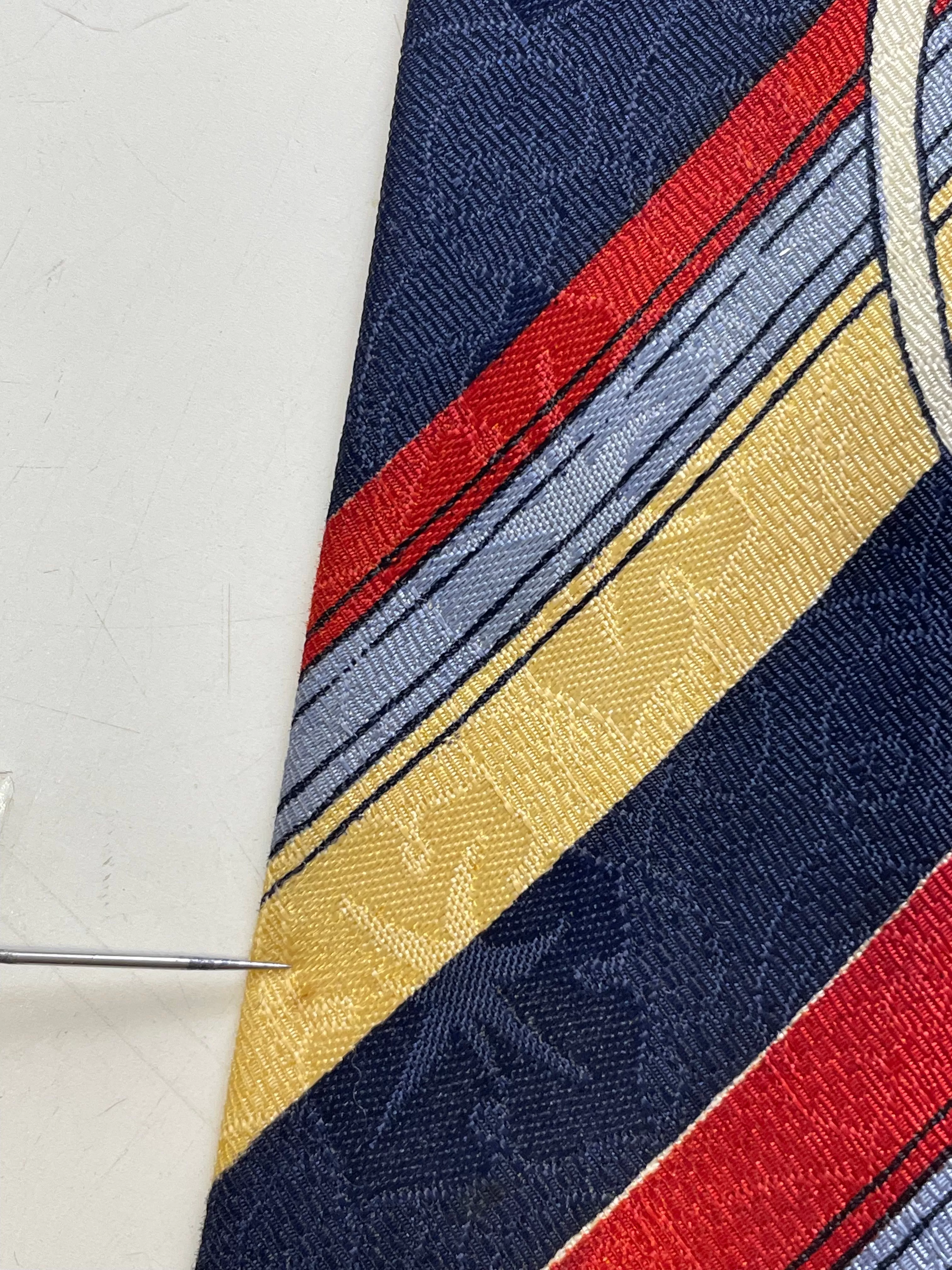 1940s Bold Look Rayon Necktie, Blue Red Yellow Stripe