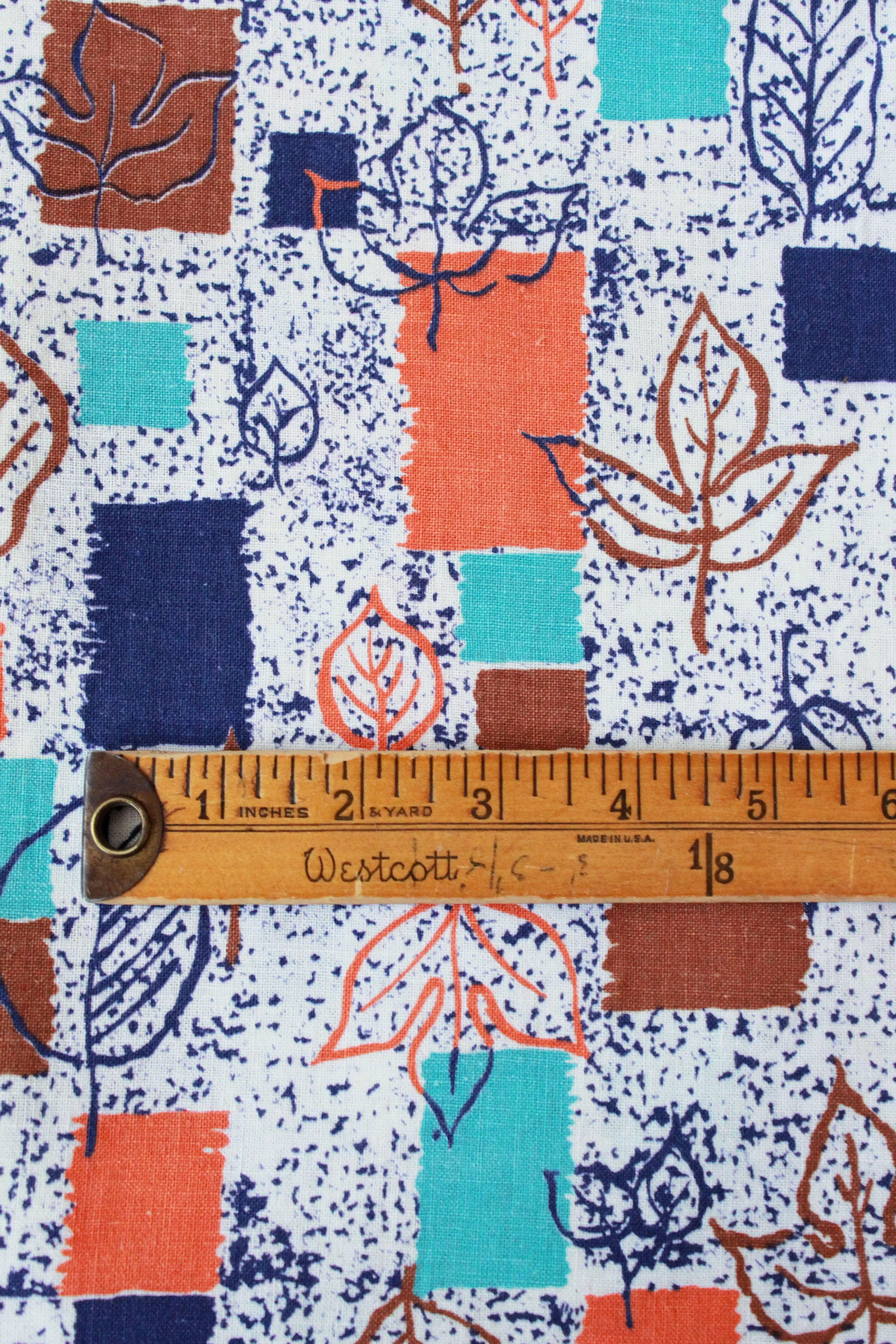 1950s Feedsack In White/Blue/ Orange, Leaf and Geometric Print, Summer, Fall Fabric