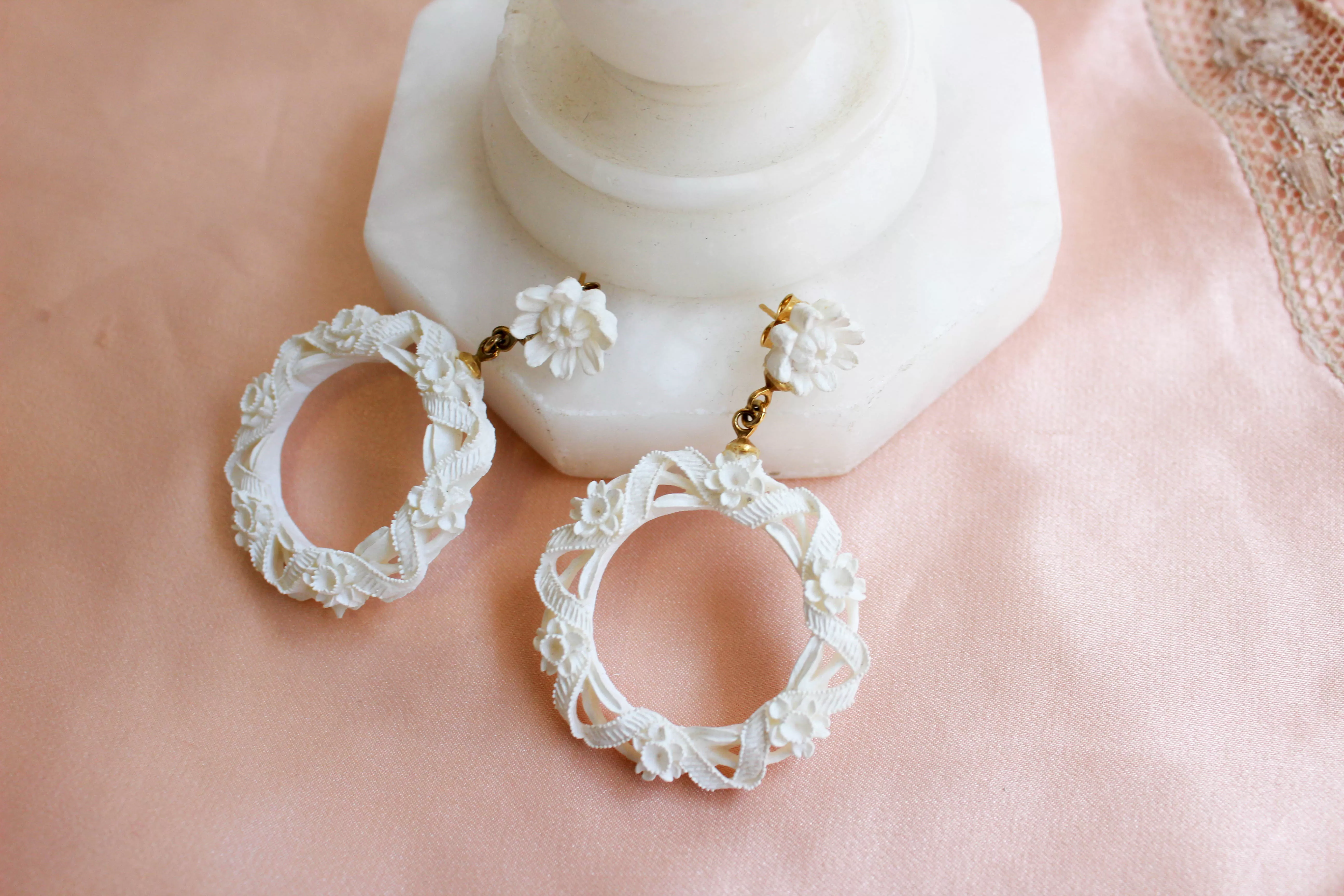 1950s White Carved Celluloid Floral Earrings