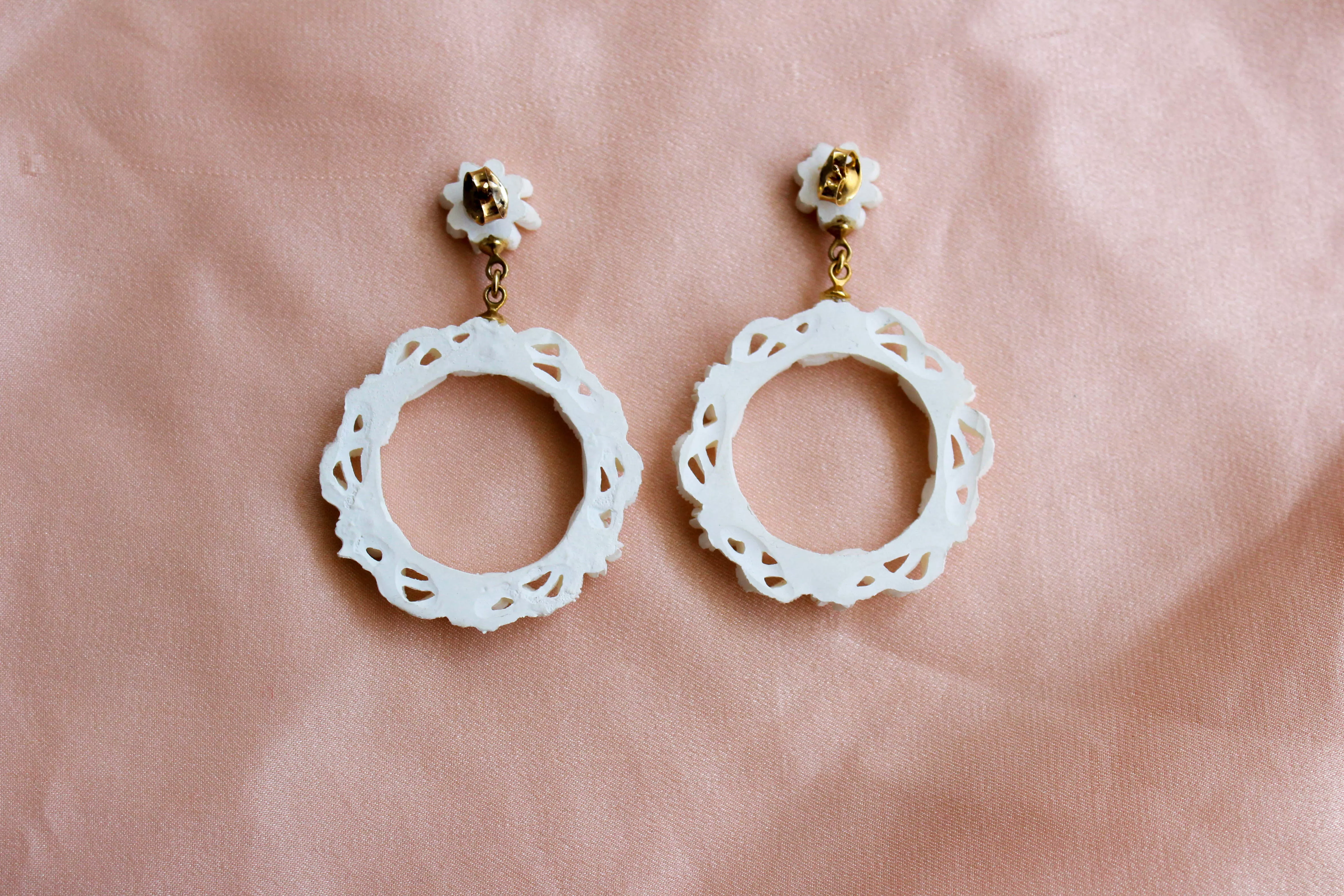 1950s White Carved Celluloid Floral Earrings