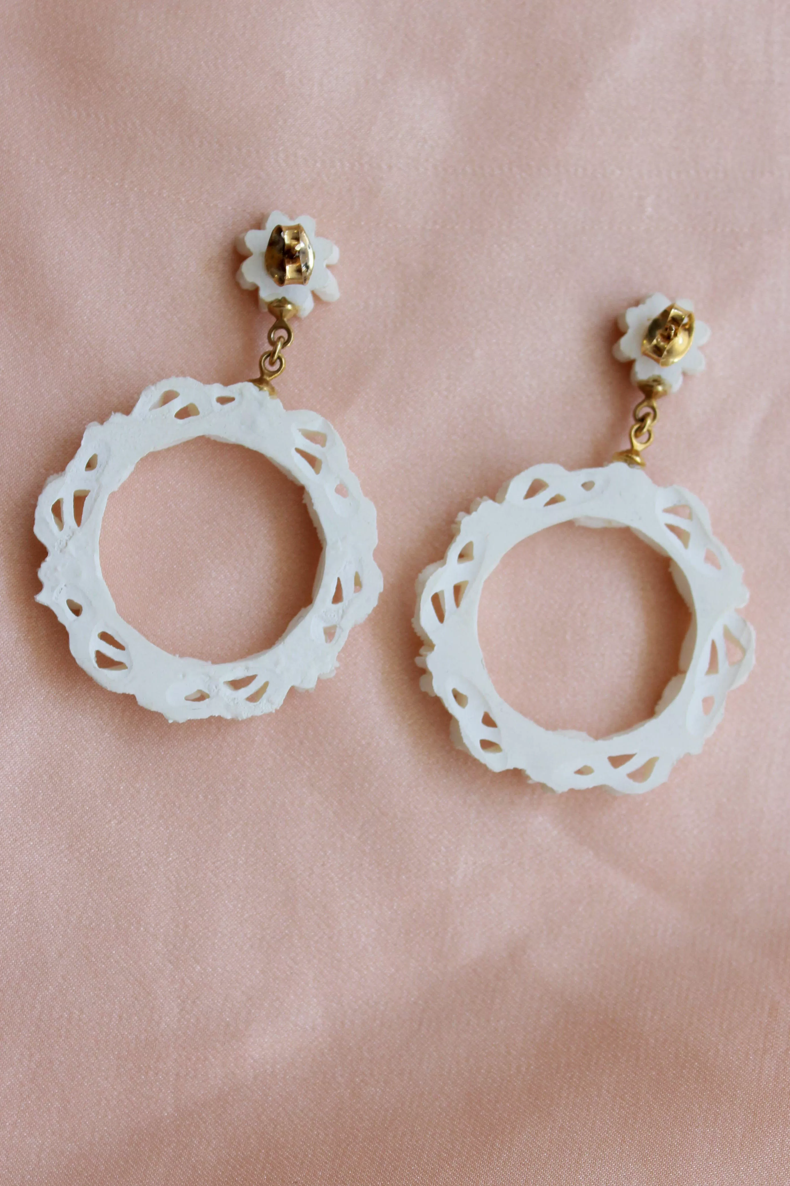 1950s White Carved Celluloid Floral Earrings