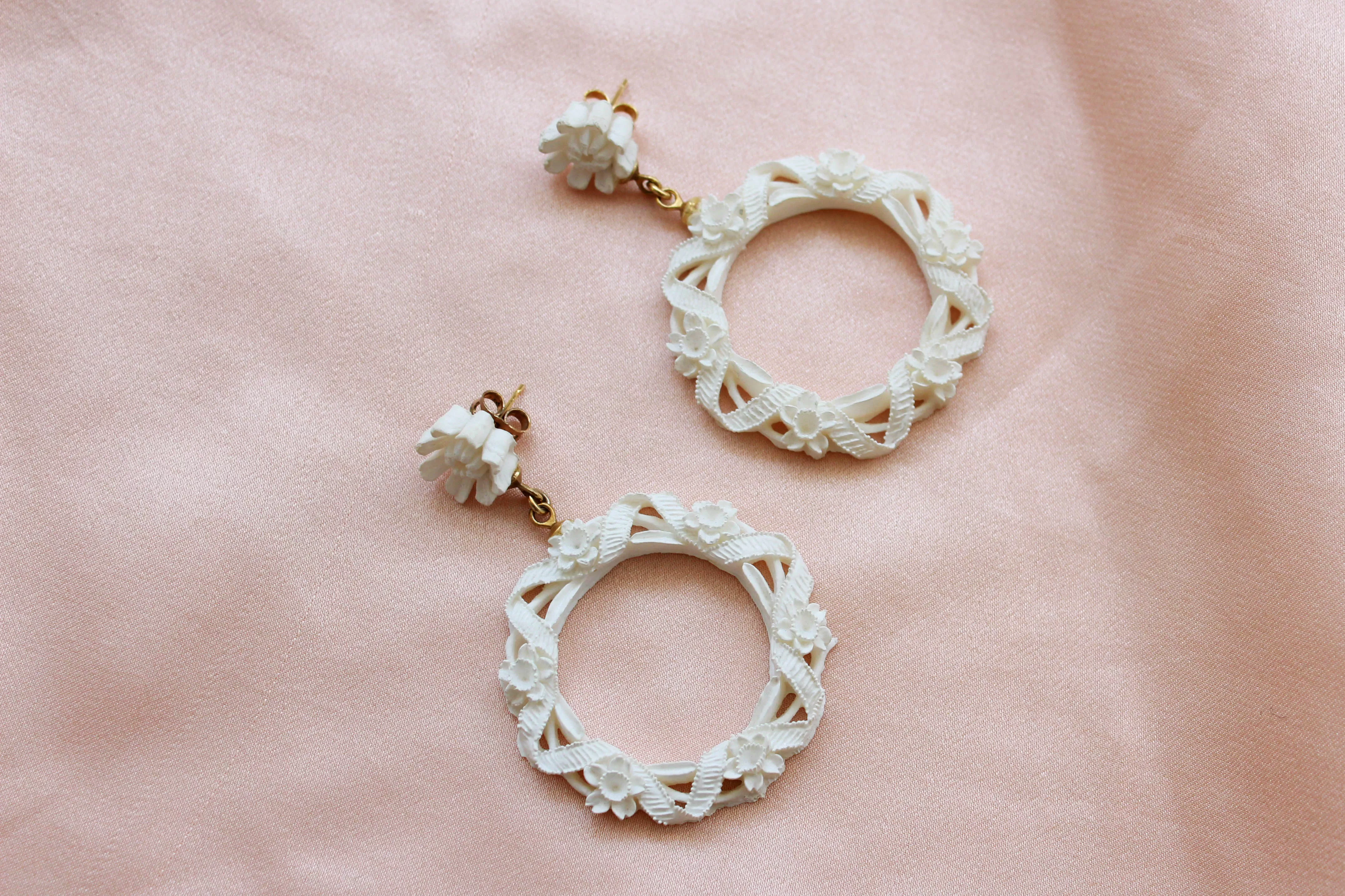 1950s White Carved Celluloid Floral Earrings