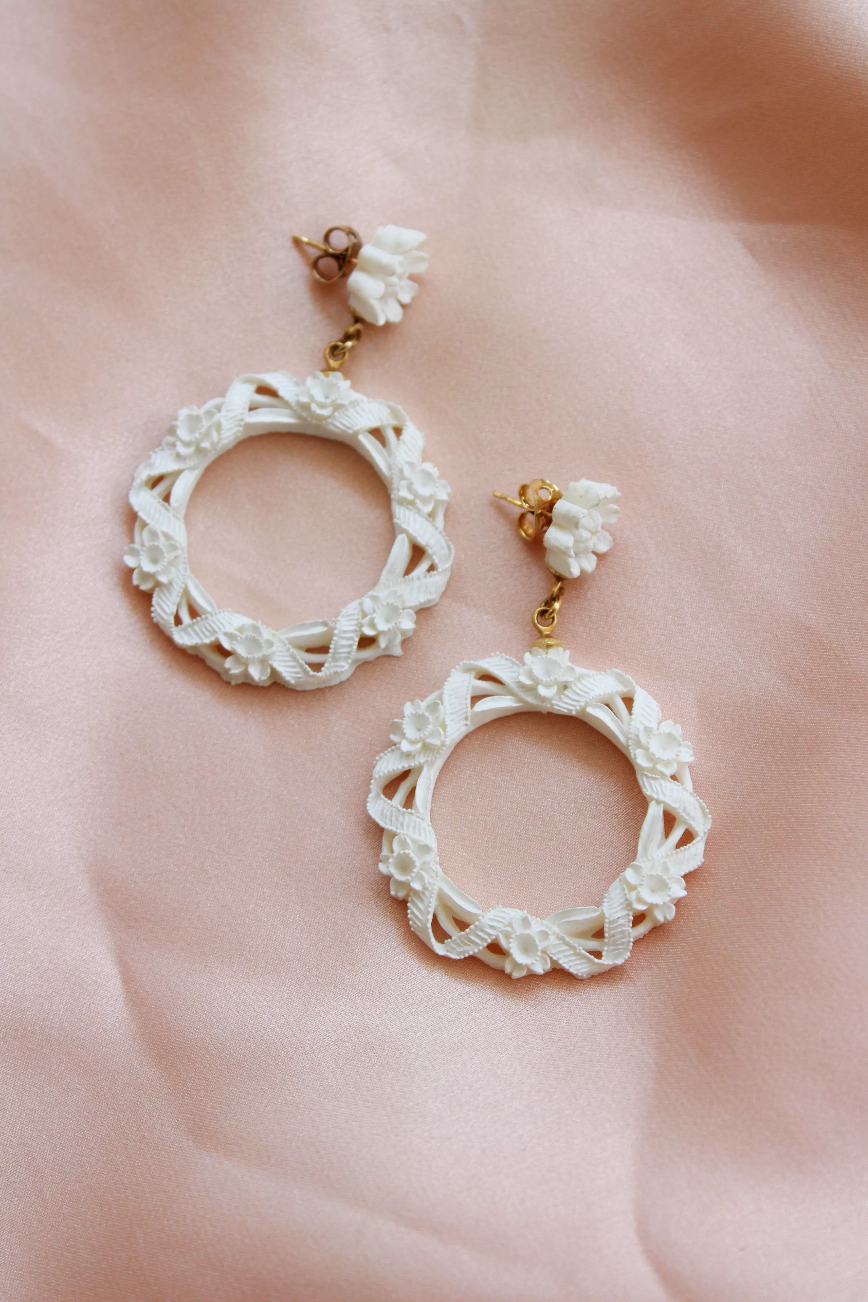 1950s White Carved Celluloid Floral Earrings