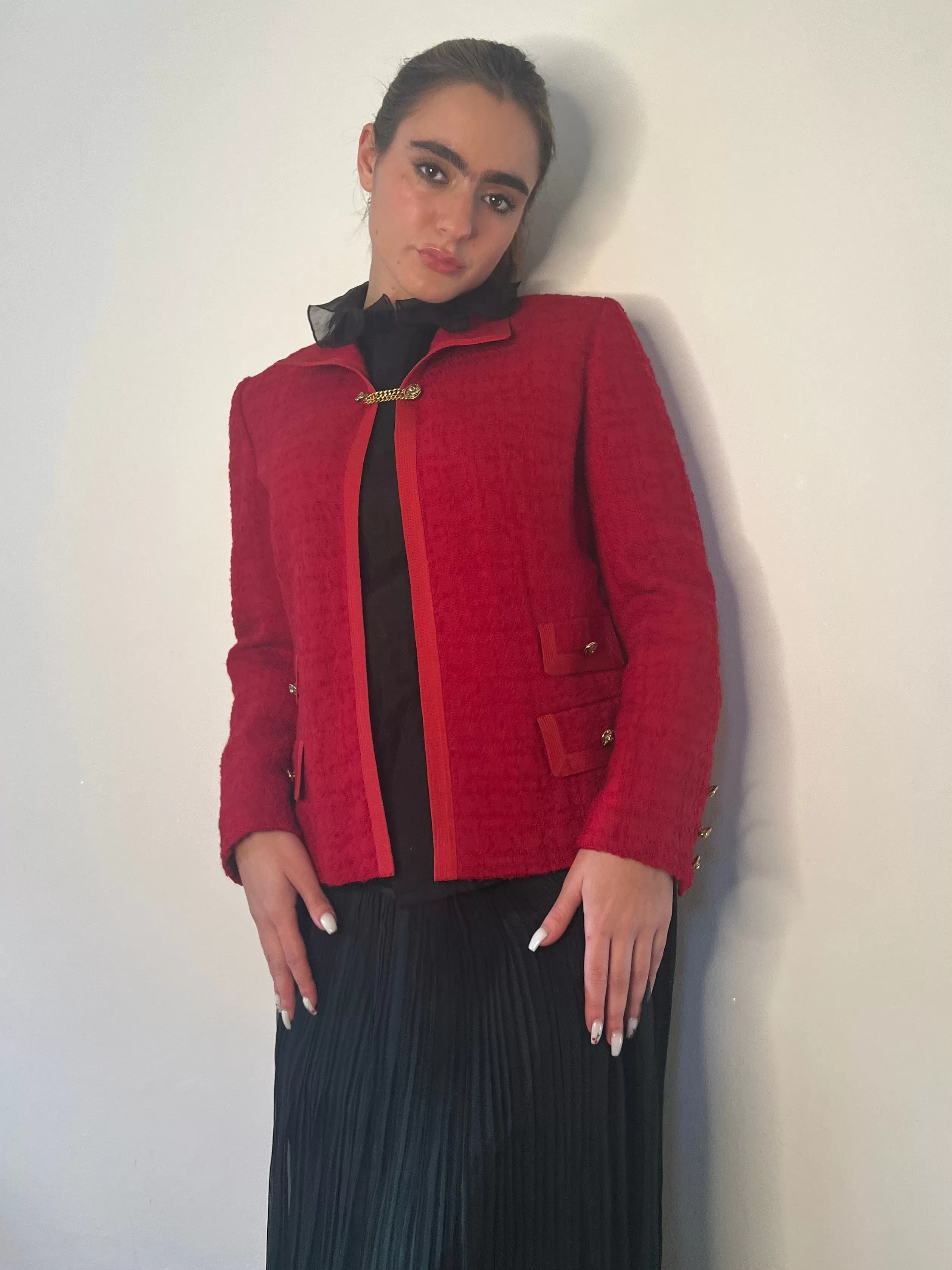 1960s Red Boucle Wool Tweed and Lion Button Jacket