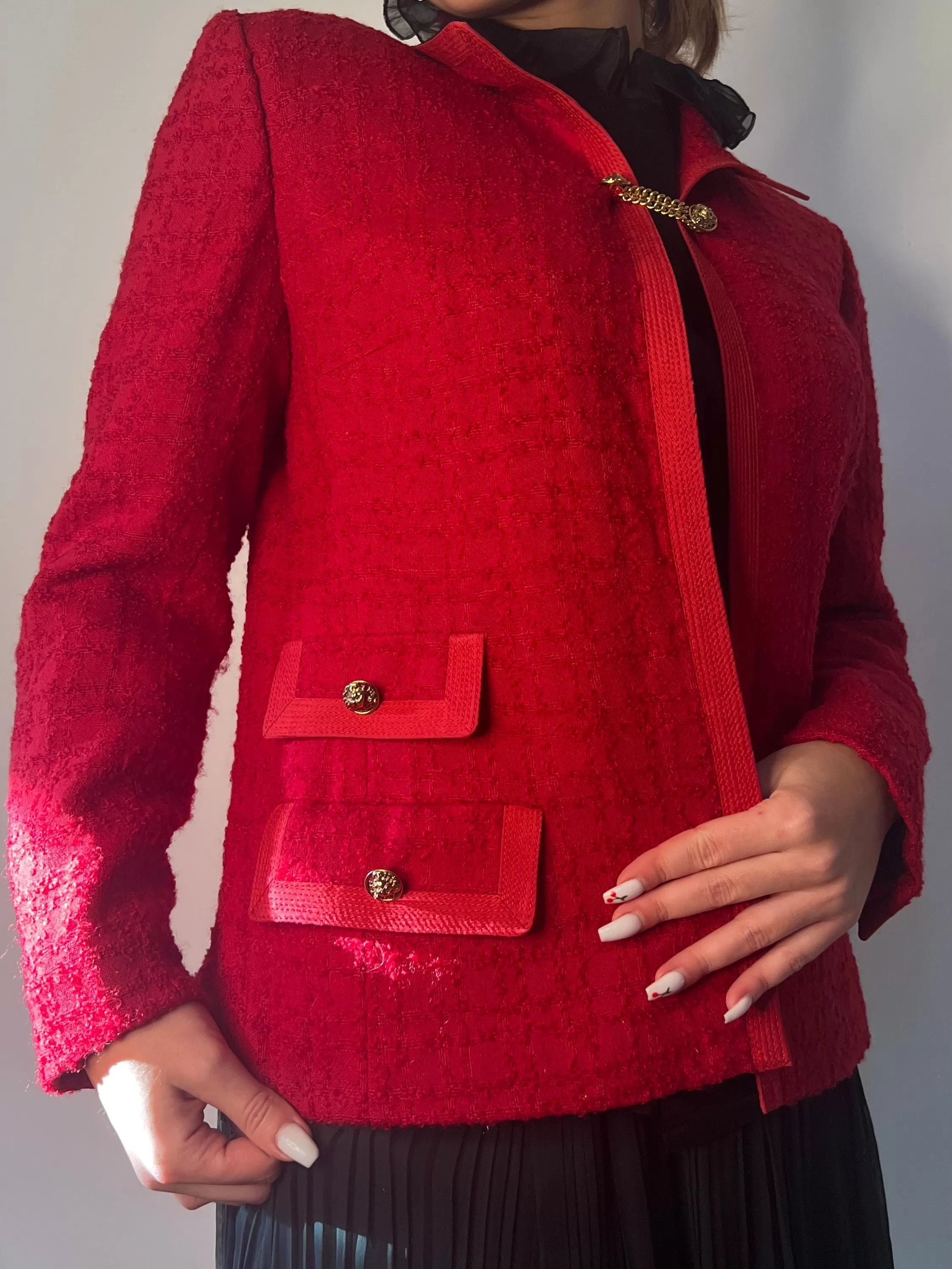 1960s Red Boucle Wool Tweed and Lion Button Jacket