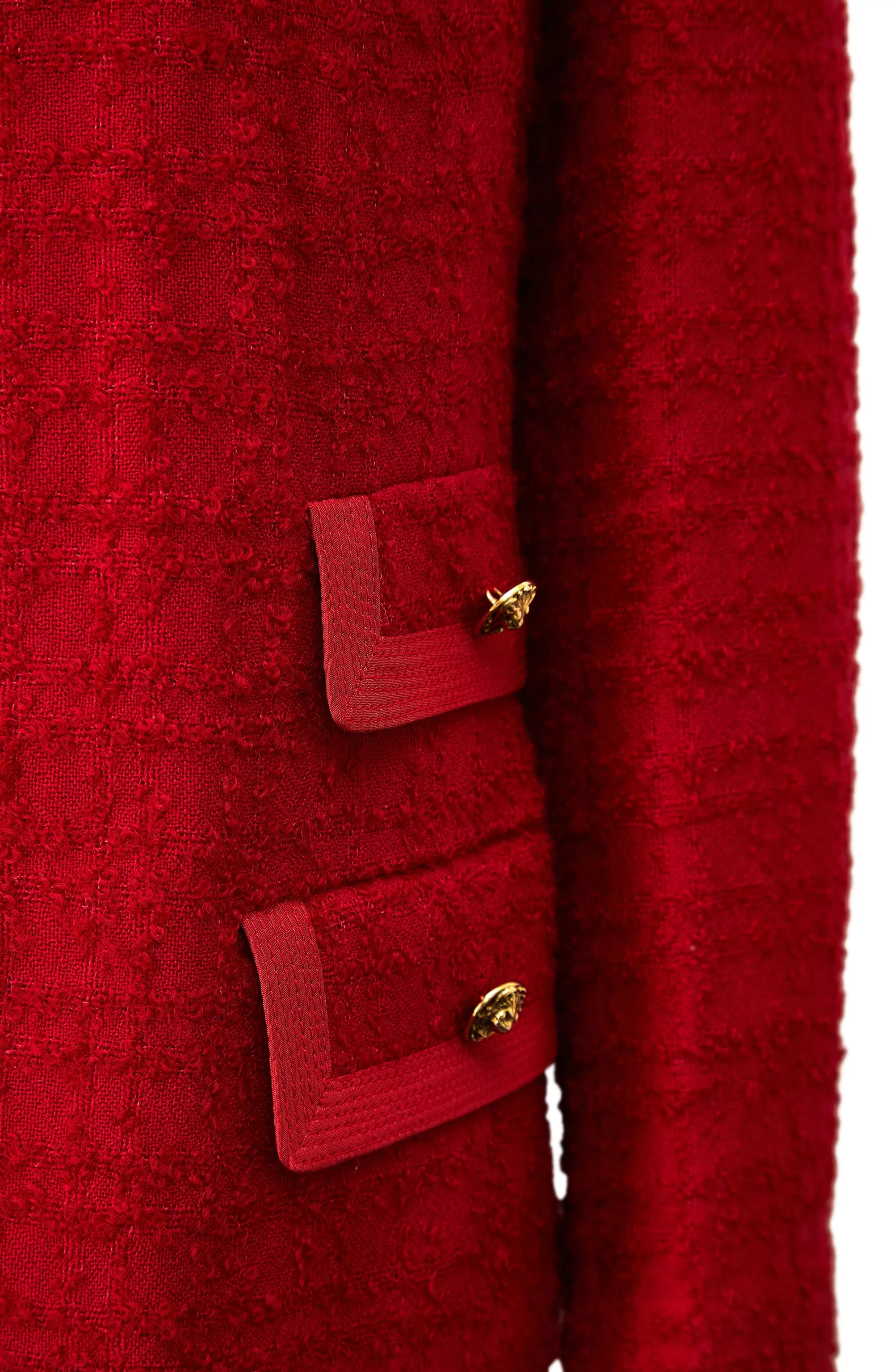 1960s Red Boucle Wool Tweed and Lion Button Jacket