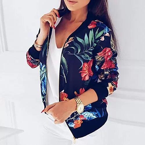 2021 Manteau Femme Printemps, Jacket Chic Femme Veste Motard Blouson Court Floral Zipper Up Court Vintage Classe Veste Moto Veste Chic Manches Longues Manteau Outwear