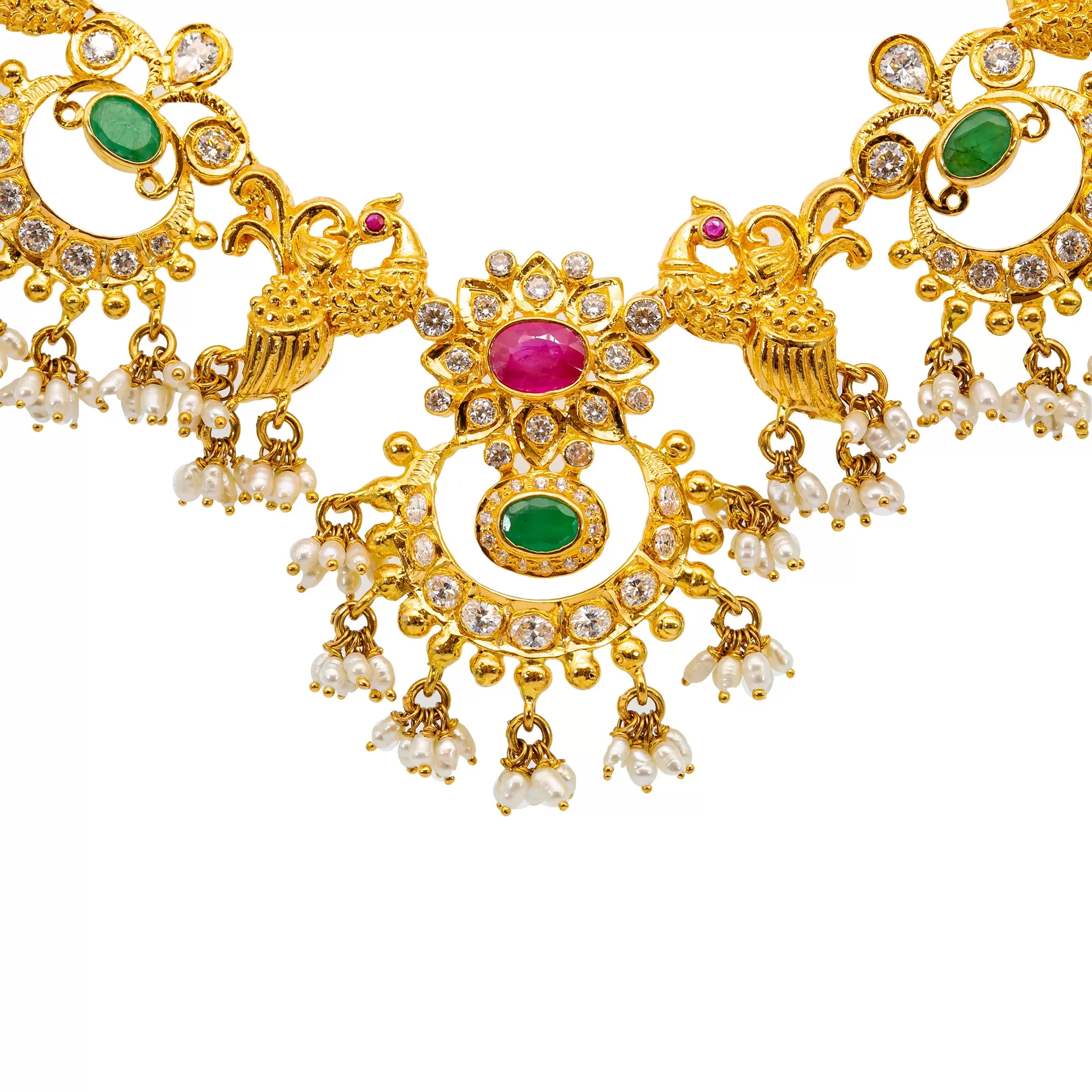 22K Yellow Gold Guddapulsula Set w. Gems & Pearls (76.1 grams)