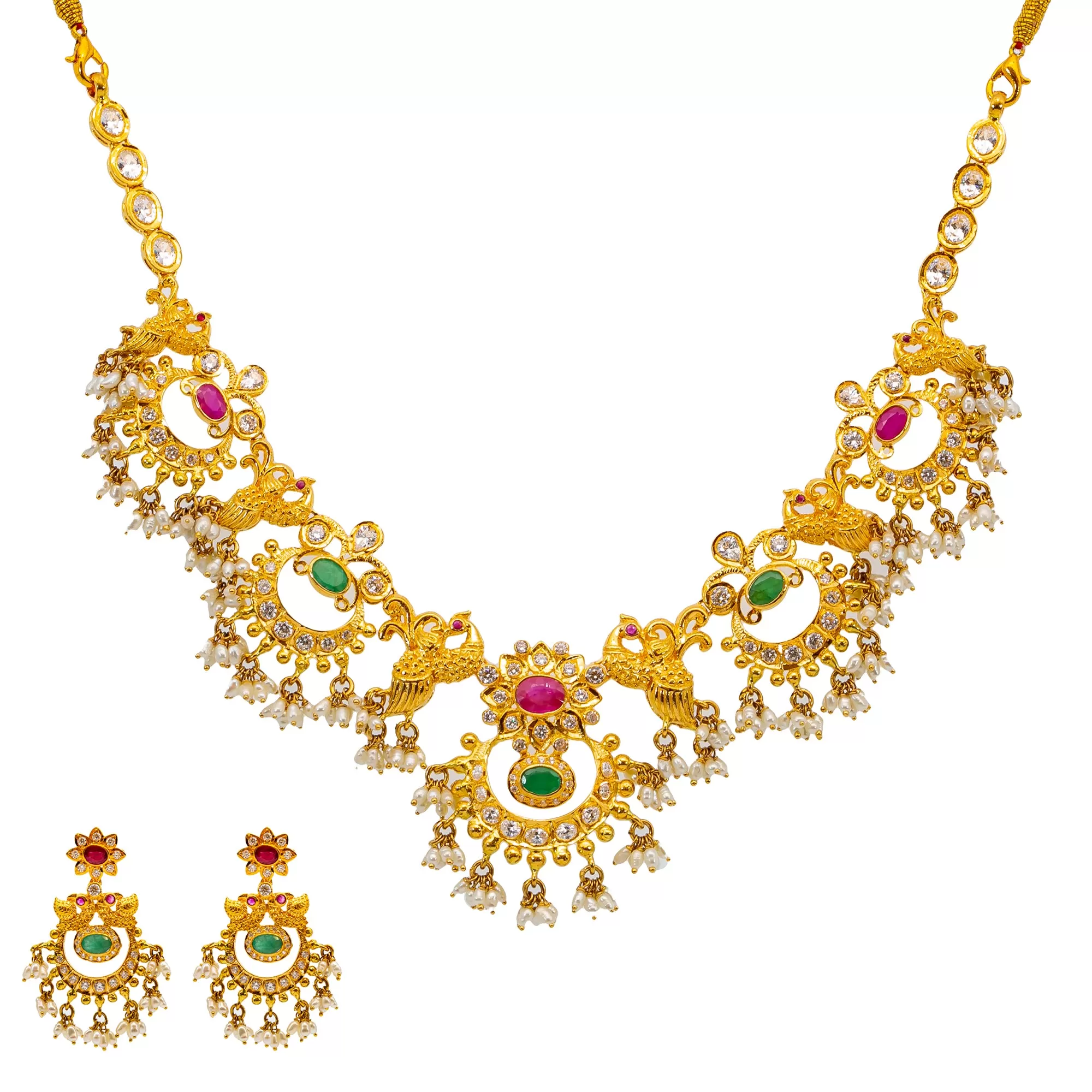 22K Yellow Gold Guddapulsula Set w. Gems & Pearls (76.1 grams)