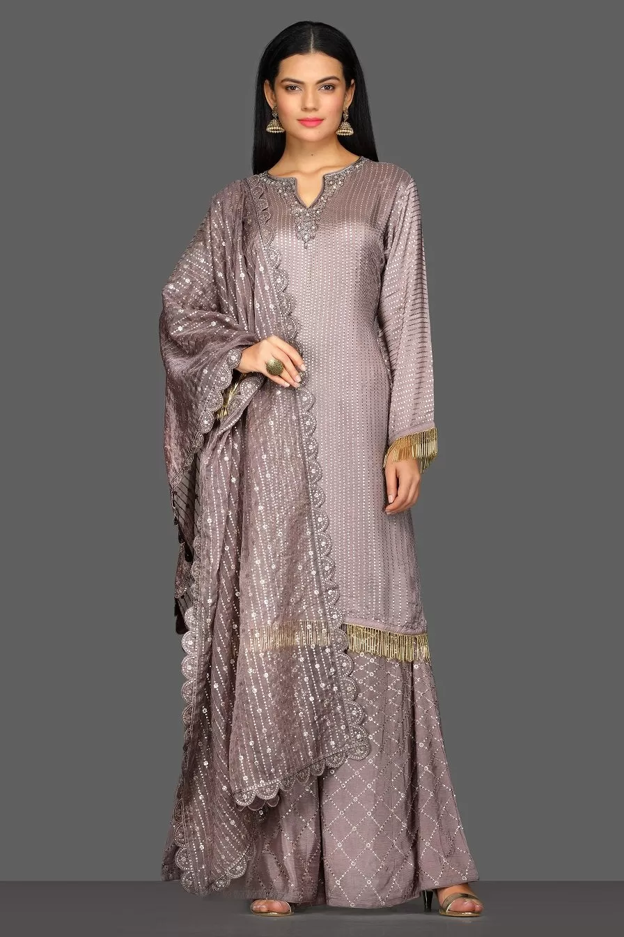 50Z088-RO Grey Embellished Palazzo Suit with Dupatta