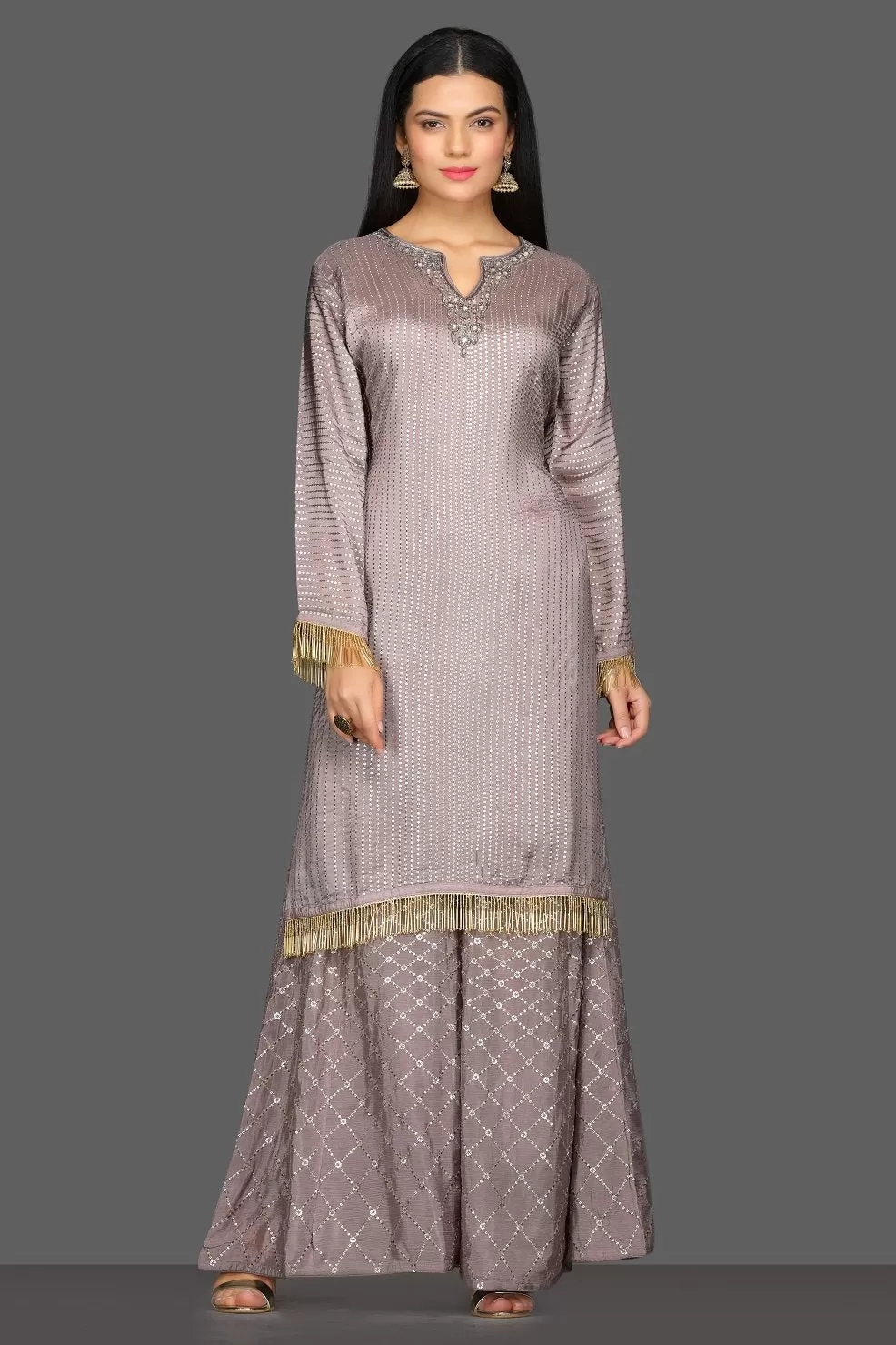 50Z088-RO Grey Embellished Palazzo Suit with Dupatta