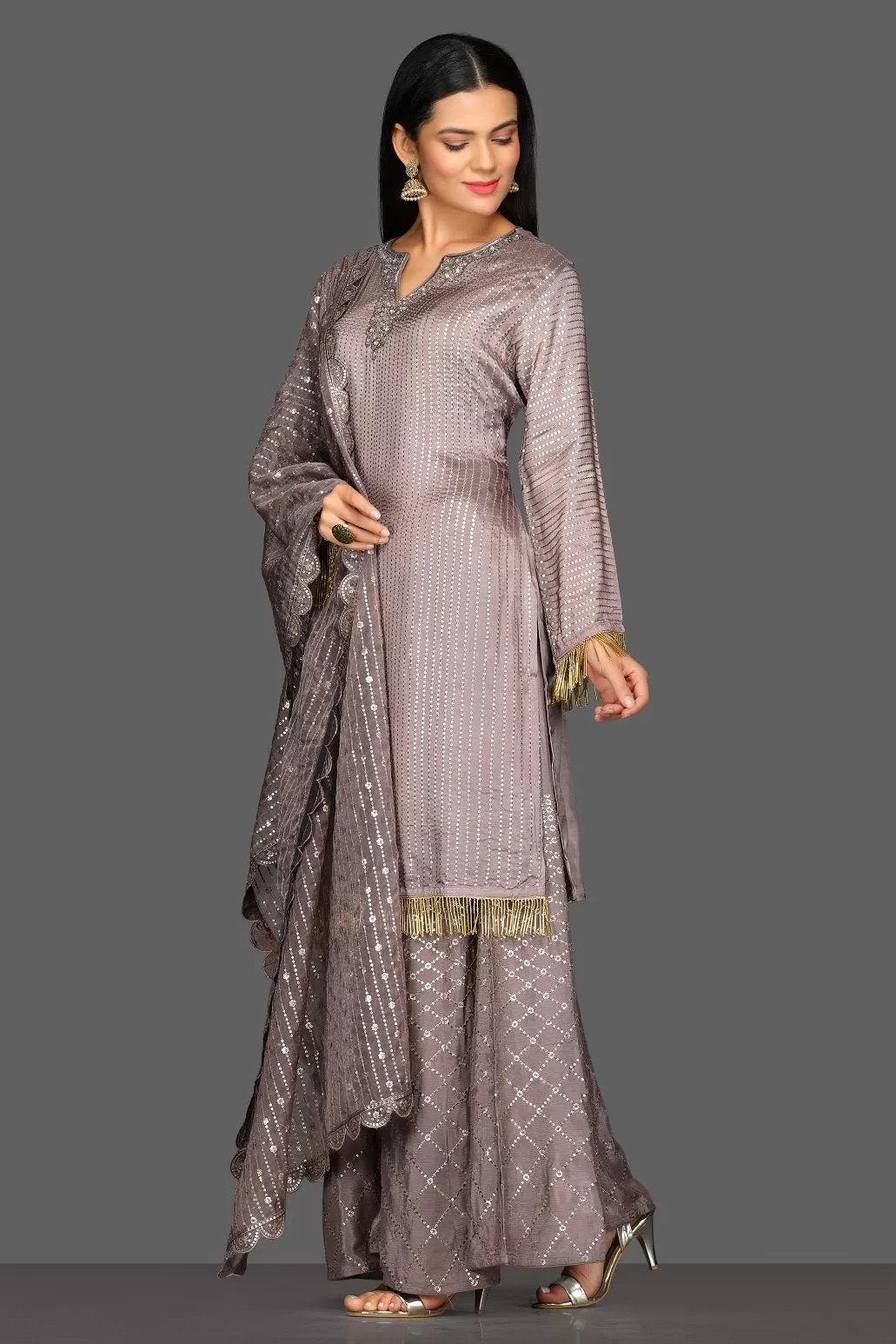 50Z088-RO Grey Embellished Palazzo Suit with Dupatta