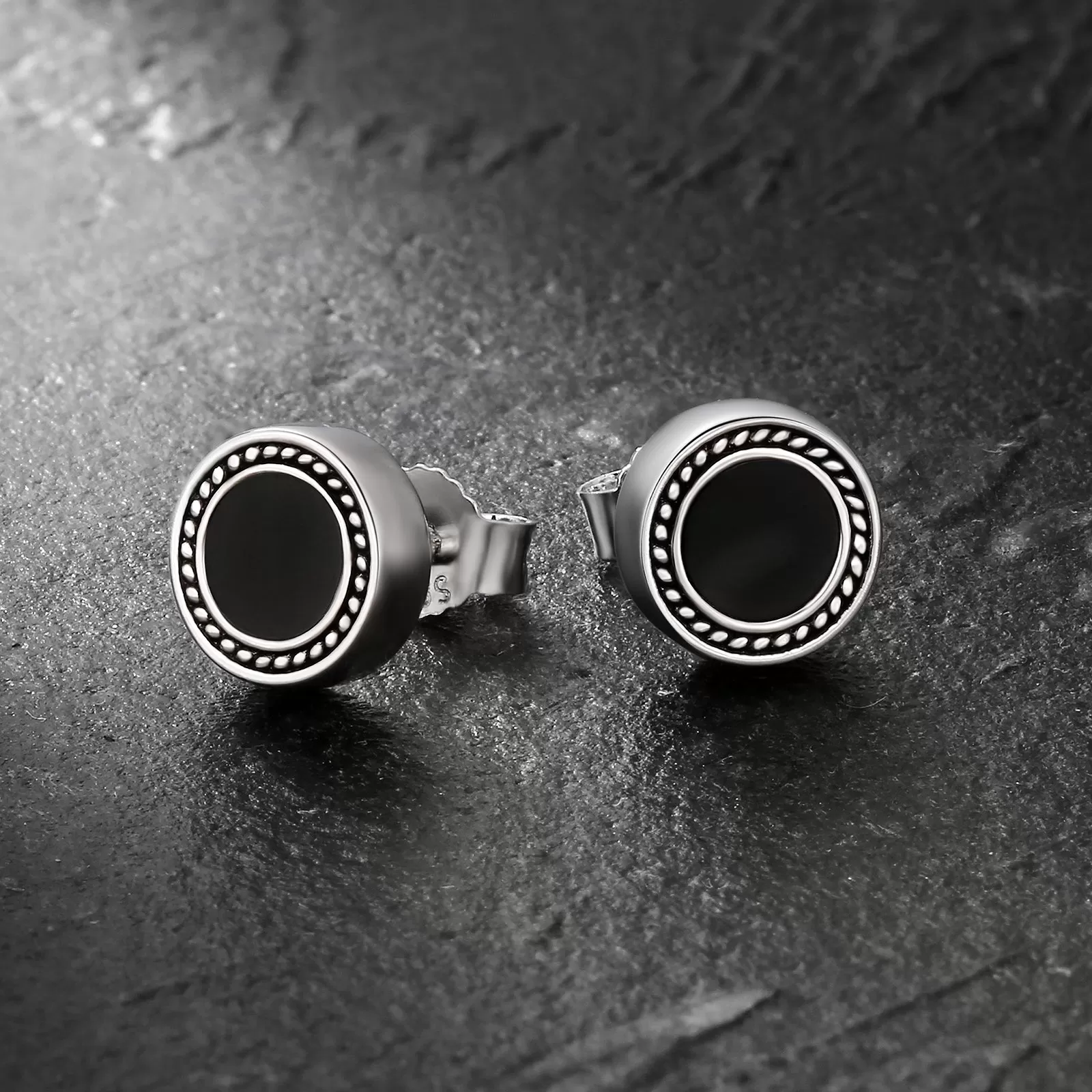 8mm Radial Black Agate Round Iced Stud Earrings for Men