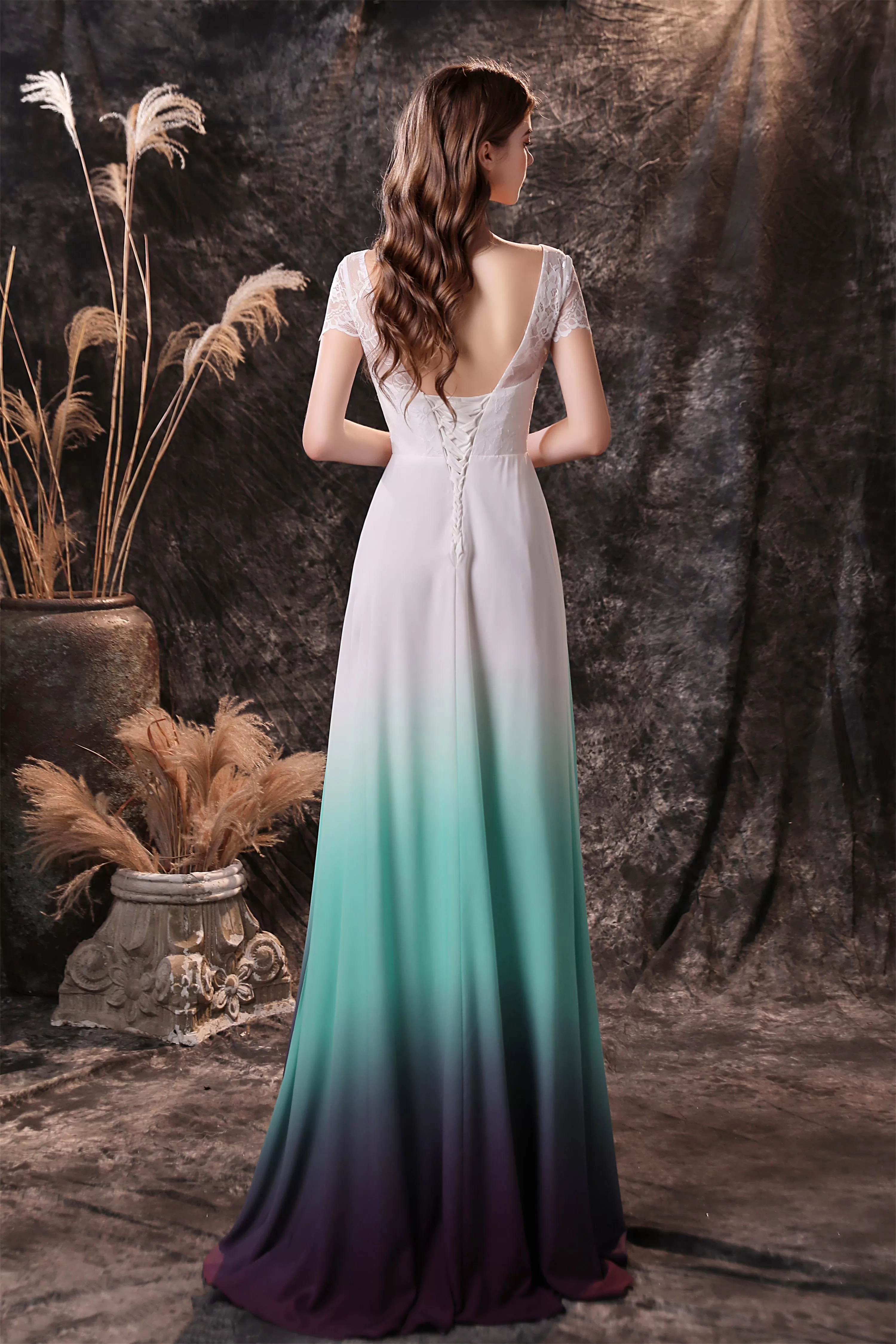 A Line Cap Sleeve Ombre Silk Floor Length Prom Dresses