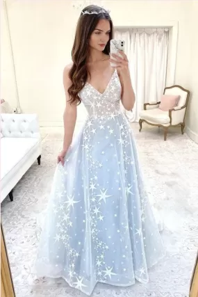 A-line Elegant Stars Long Prom Dresses, Girl School Graduation Party Dresses, 2021 Evening Dresses