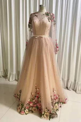 A Line Tulle Long Prom Dress with Flowers, Pink Long Sleeves Party Dress with Beading