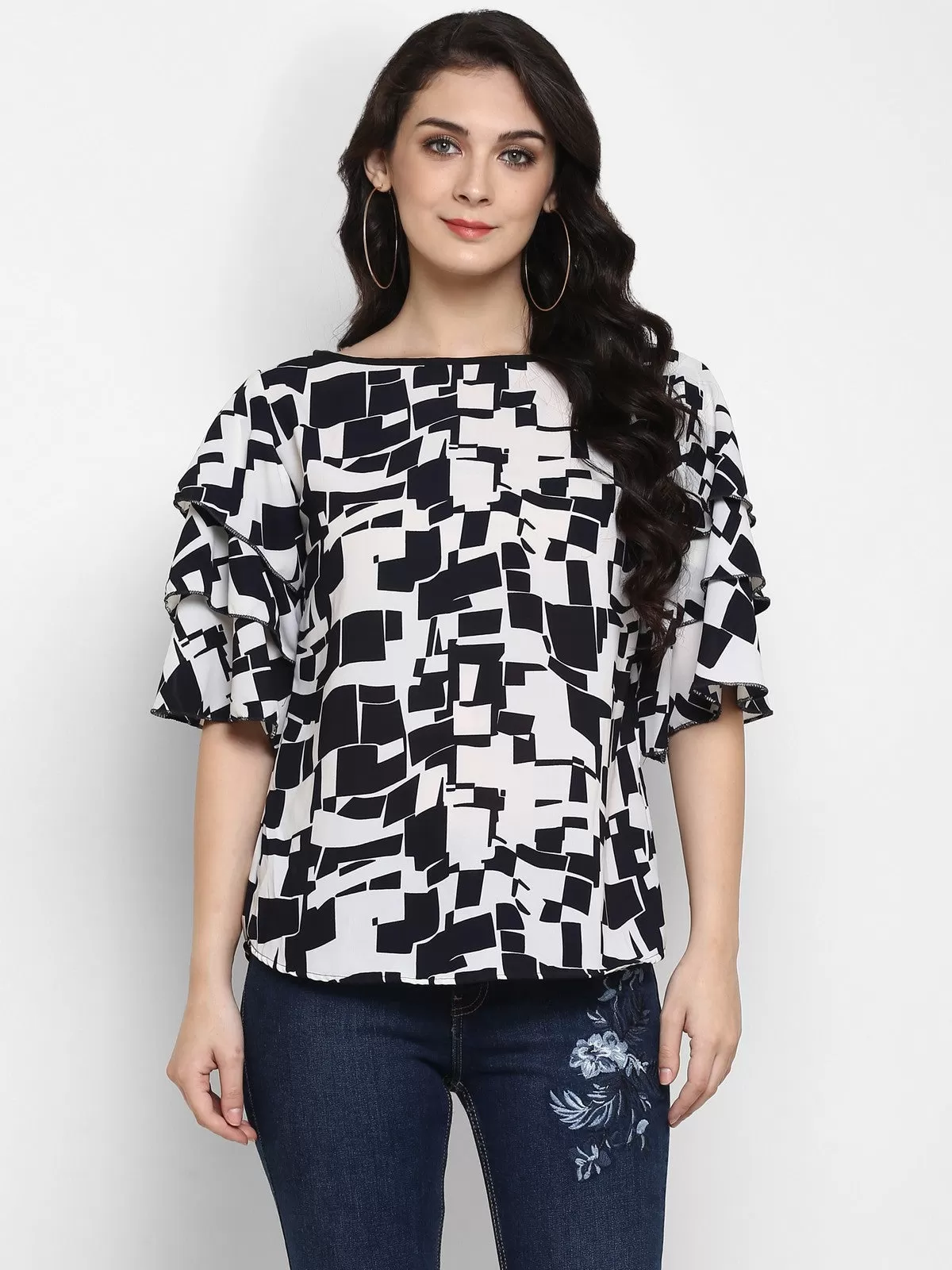 Abstract Printed Triple Flared Sleeves Top