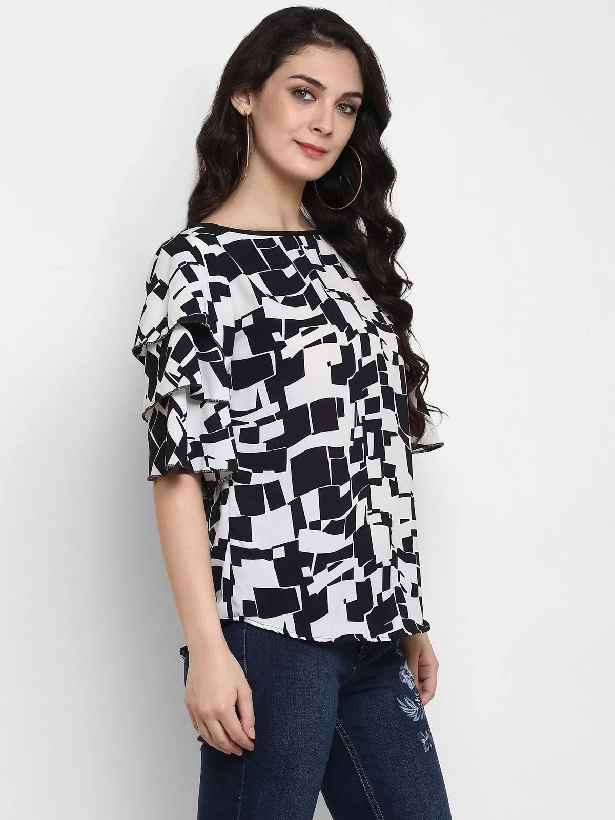 Abstract Printed Triple Flared Sleeves Top