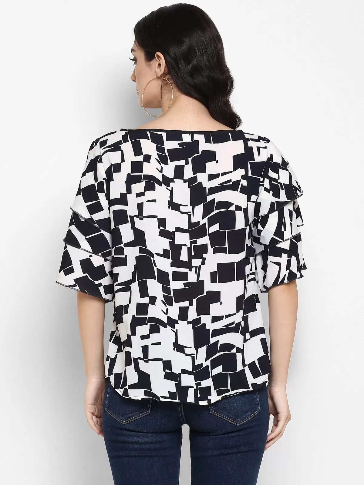 Abstract Printed Triple Flared Sleeves Top