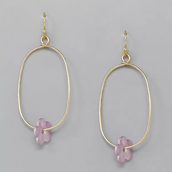 Acetate Flower Charm Oval Hoop Dangle Earrings