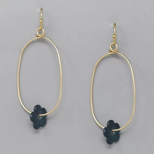 Acetate Flower Charm Oval Hoop Dangle Earrings