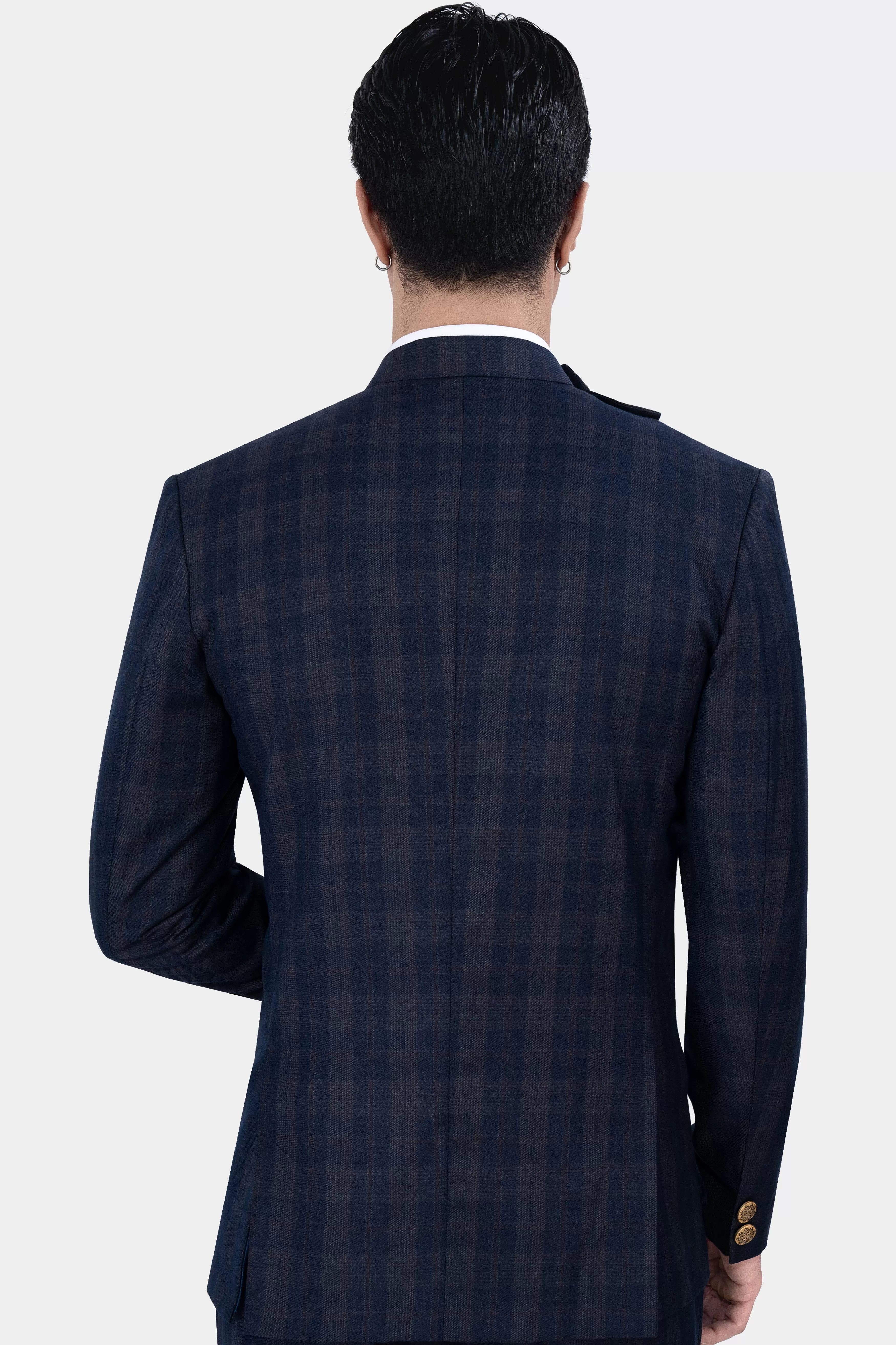 Admiral Blue and Cinereous Brown Plaid Wool Rich Cross Placket Bandhgala Blazer