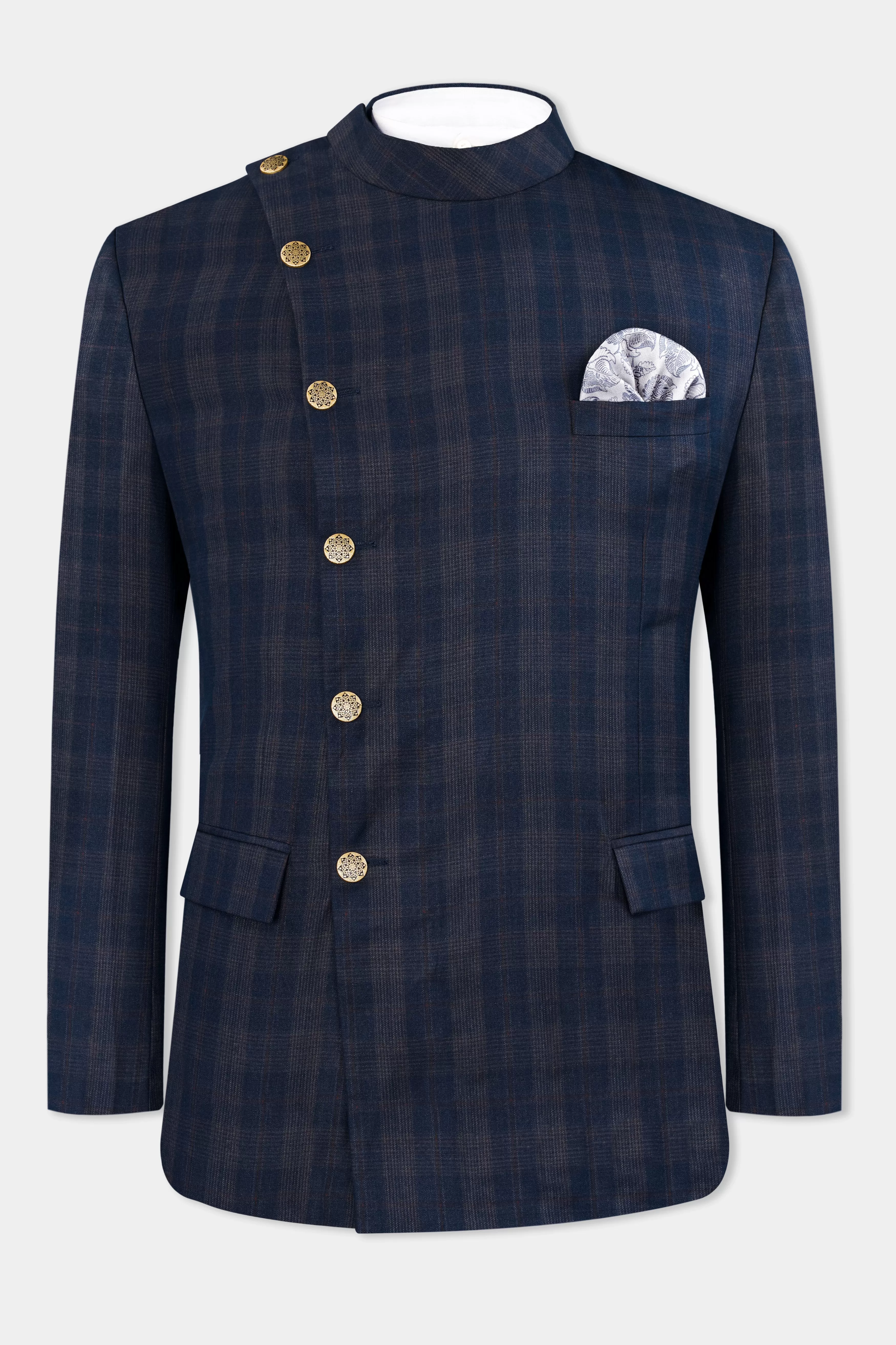 Admiral Blue and Cinereous Brown Plaid Wool Rich Cross Placket Bandhgala Suit