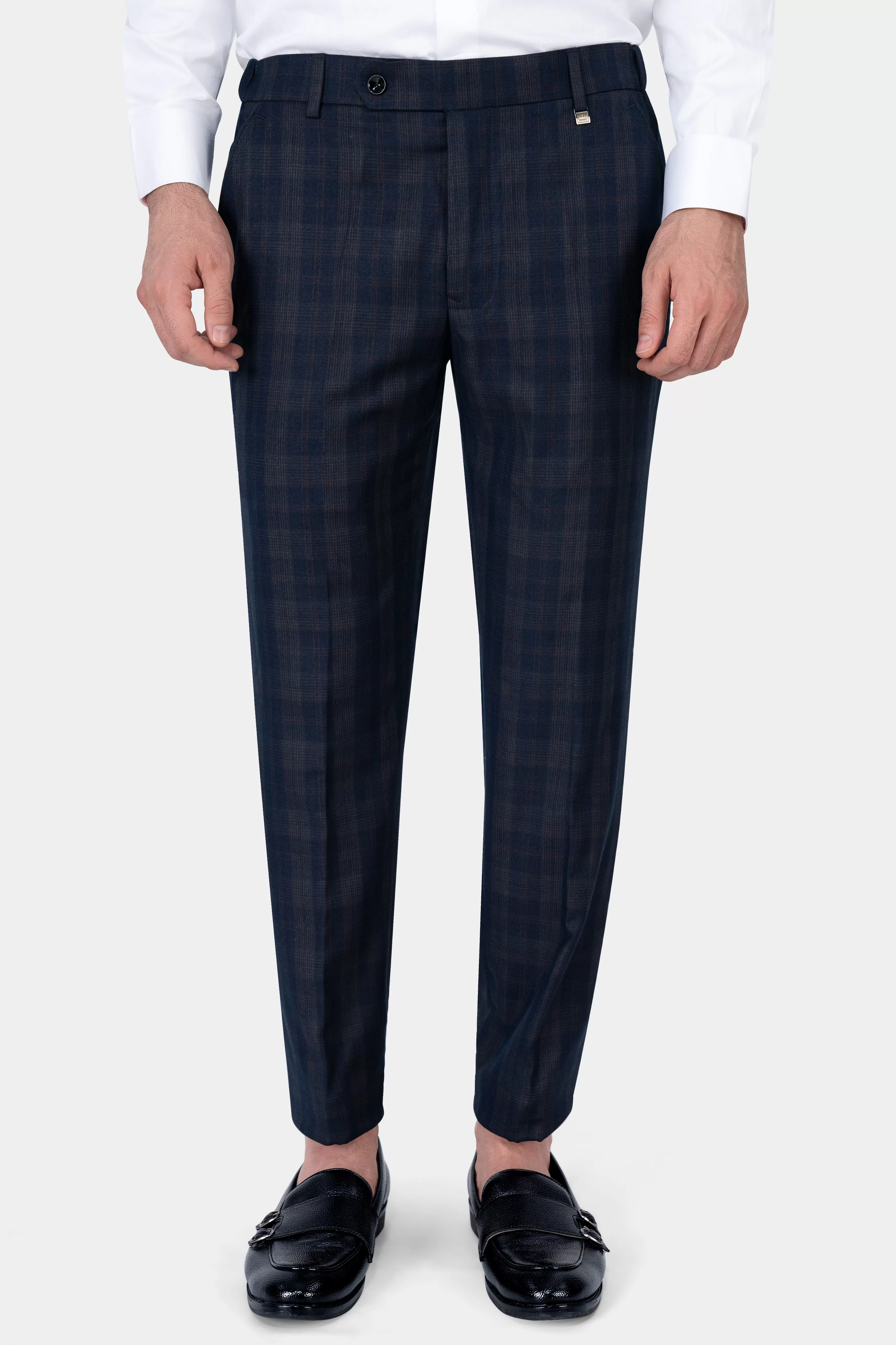 Admiral Blue and Cinereous Brown Plaid Wool Rich Cross Placket Bandhgala Suit