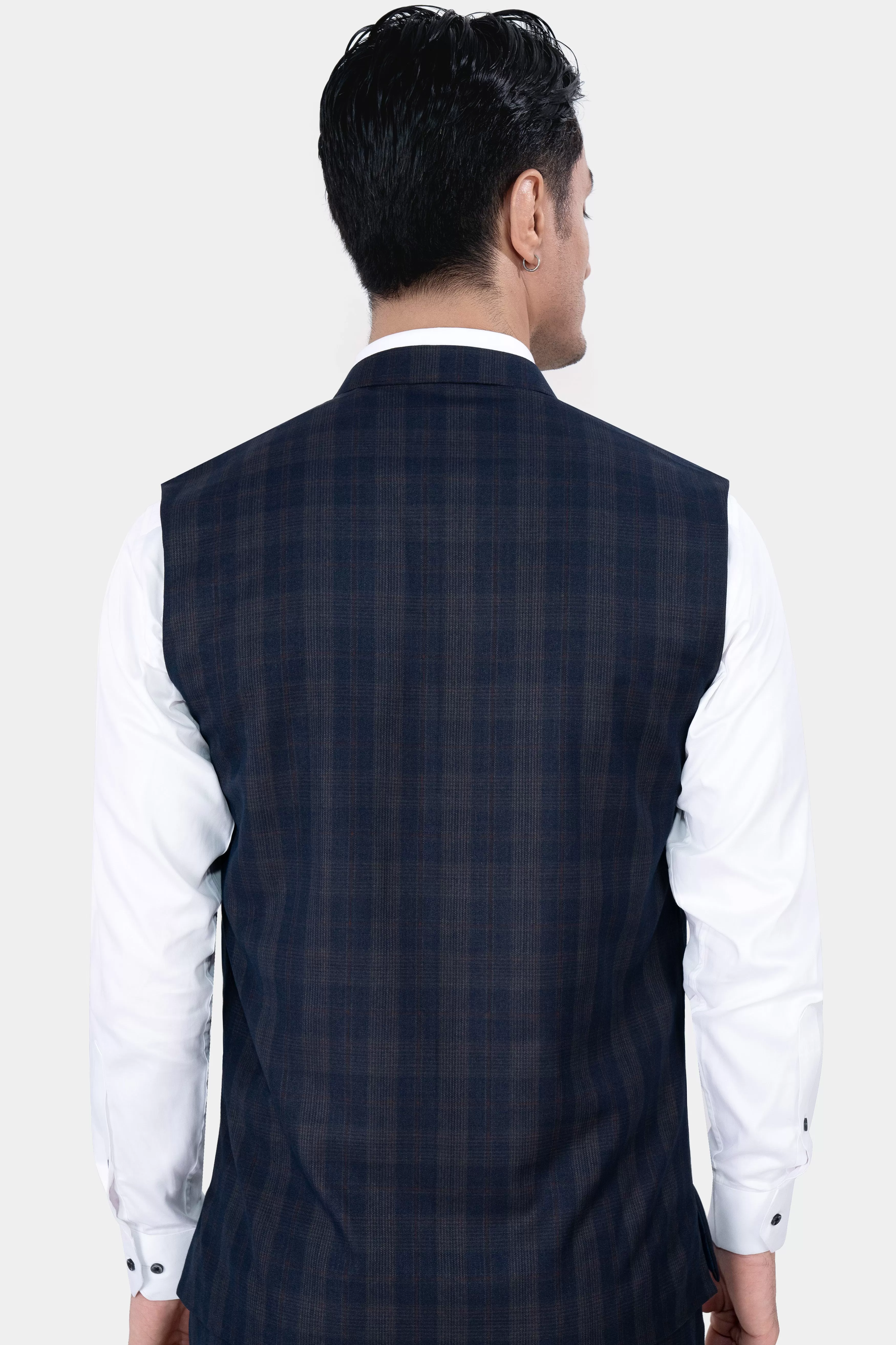 Admiral Blue and Cinereous Brown Plaid Wool Rich  Nehru Jacket