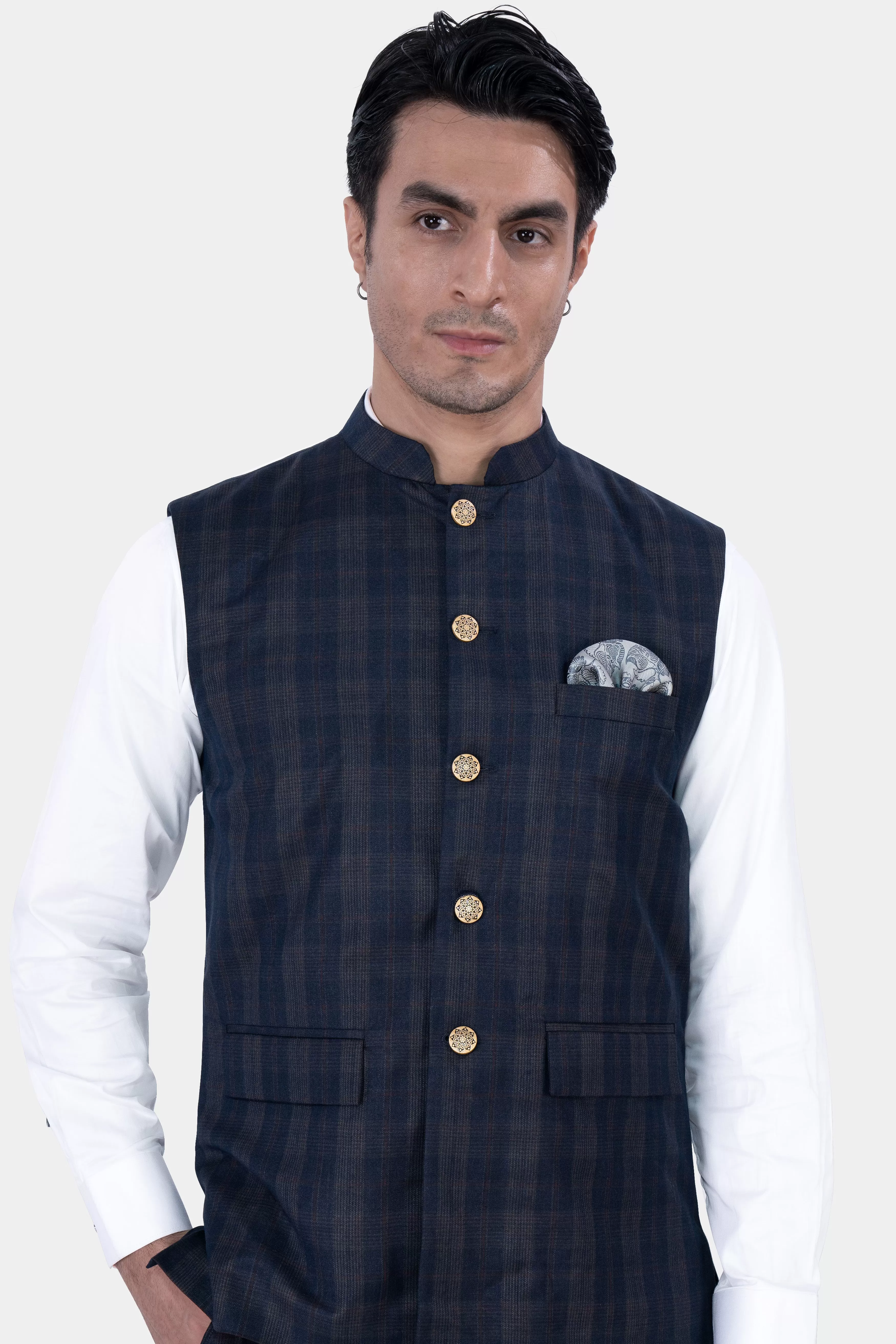 Admiral Blue and Cinereous Brown Plaid Wool Rich  Nehru Jacket