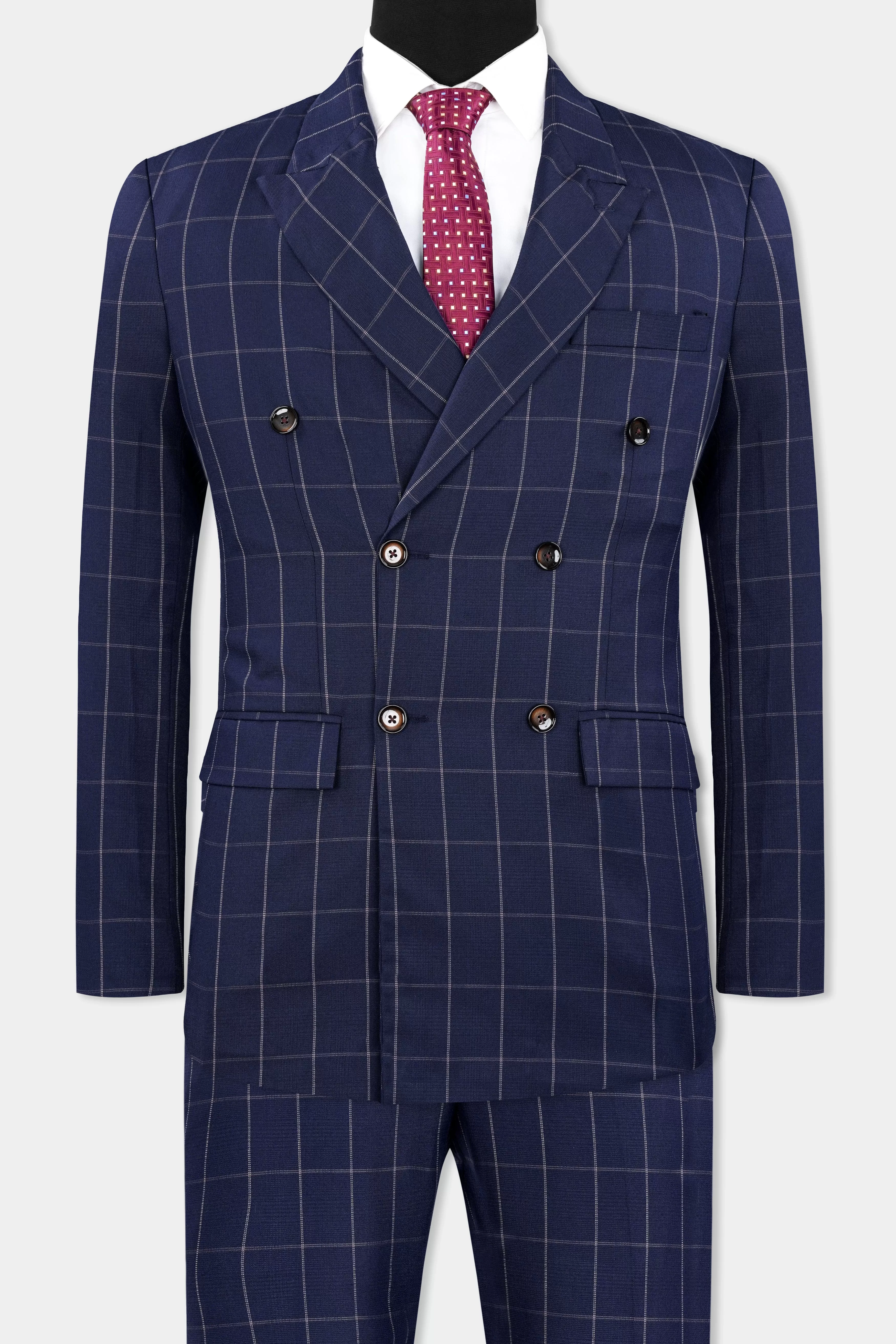 Admiral Blue Windowpane Wool Rich Double Breasted Suit