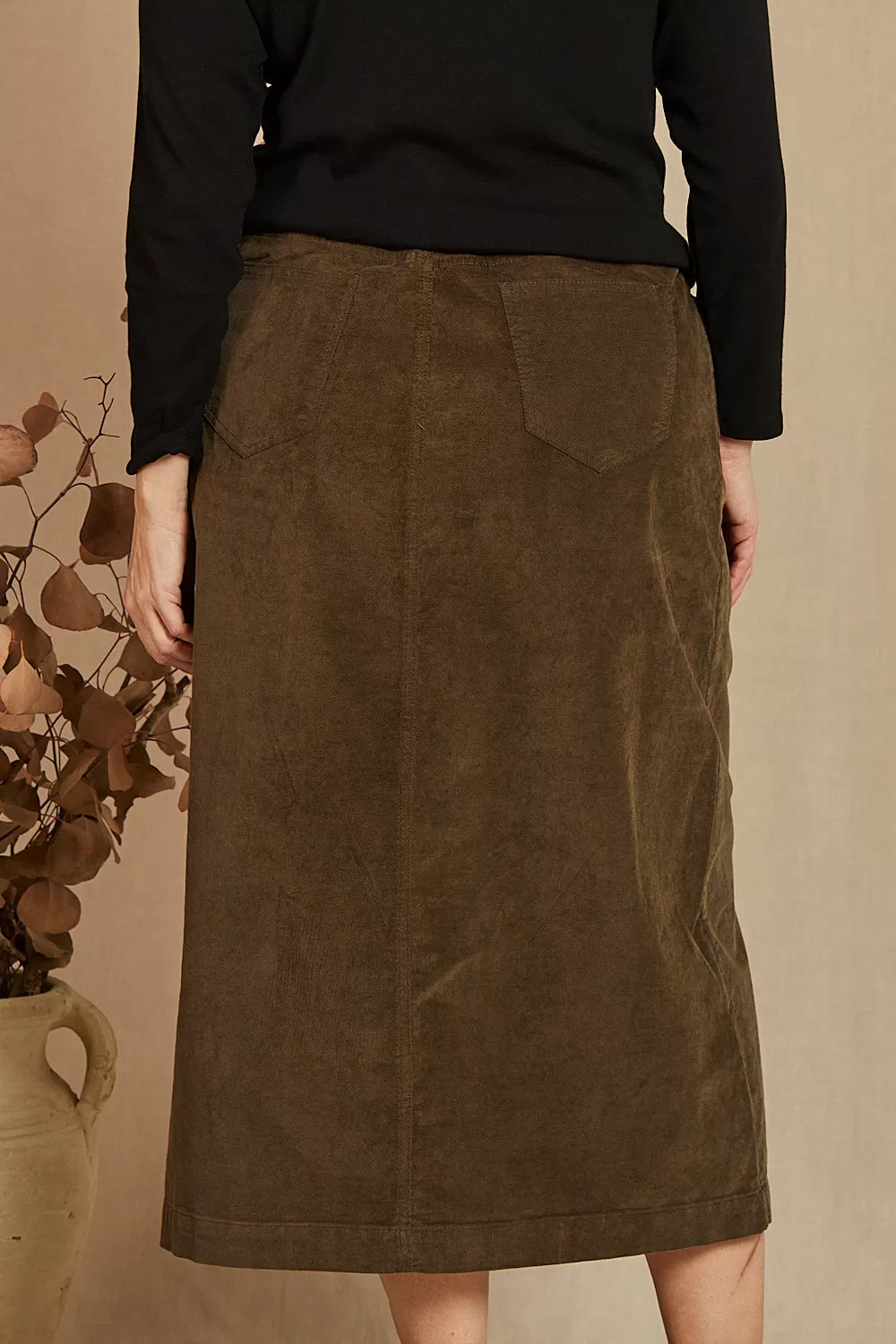 Adrift Split Brushed Cotton Skirt in Olive