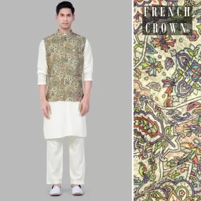 Albescent Cream Kurta Set With Eggshell Cream And Faded Purple MultiColour Embroidered Nehru Jacket