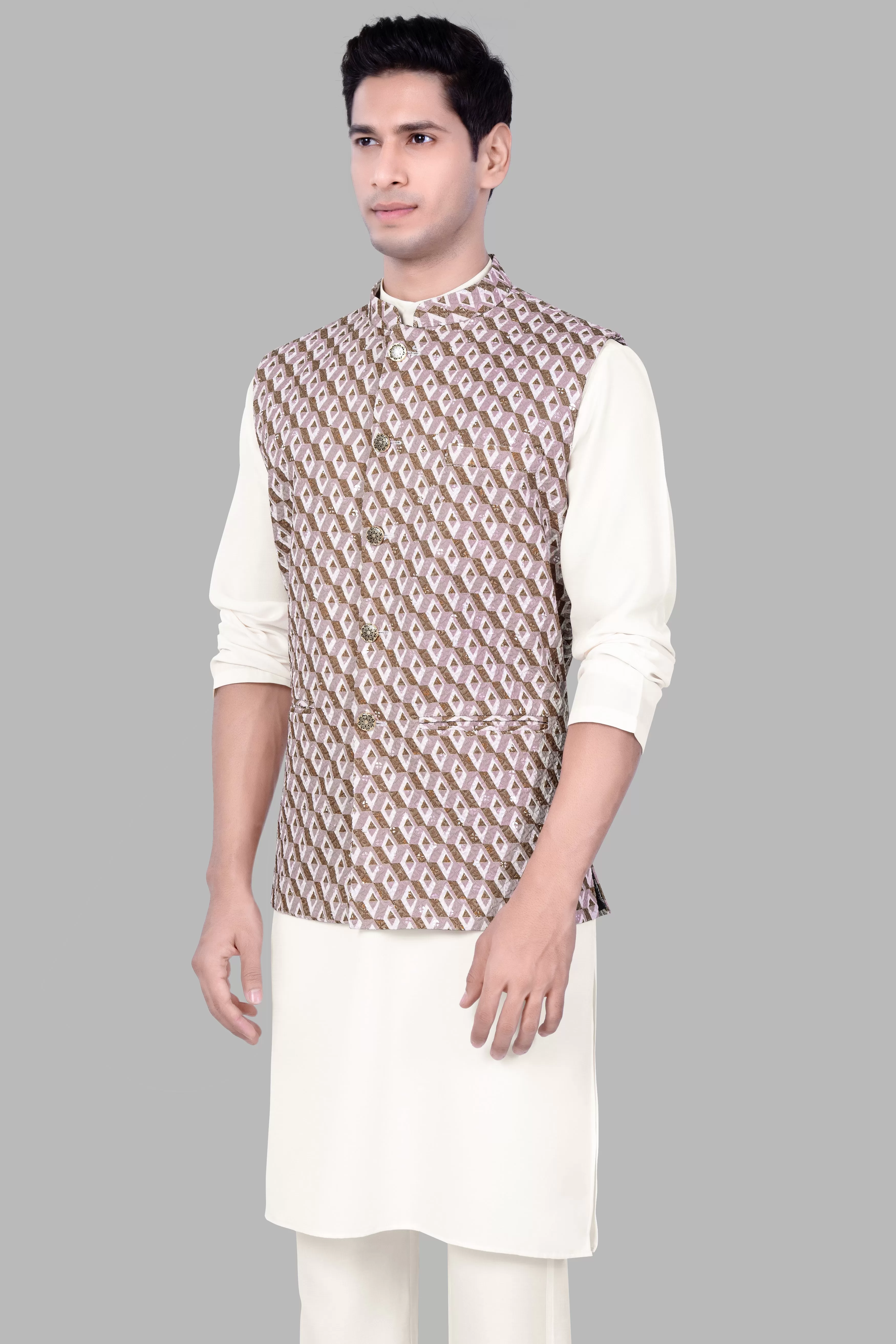 Albescent Cream With Clam Shell Pink And Roman Coffee Brown 3D Box Quilt Embroidered Nehru Jacket