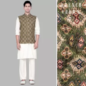 Albescent Cream With Finch Green And Coffee Brown MultiColour Designer Embroidered Nehru Jacket