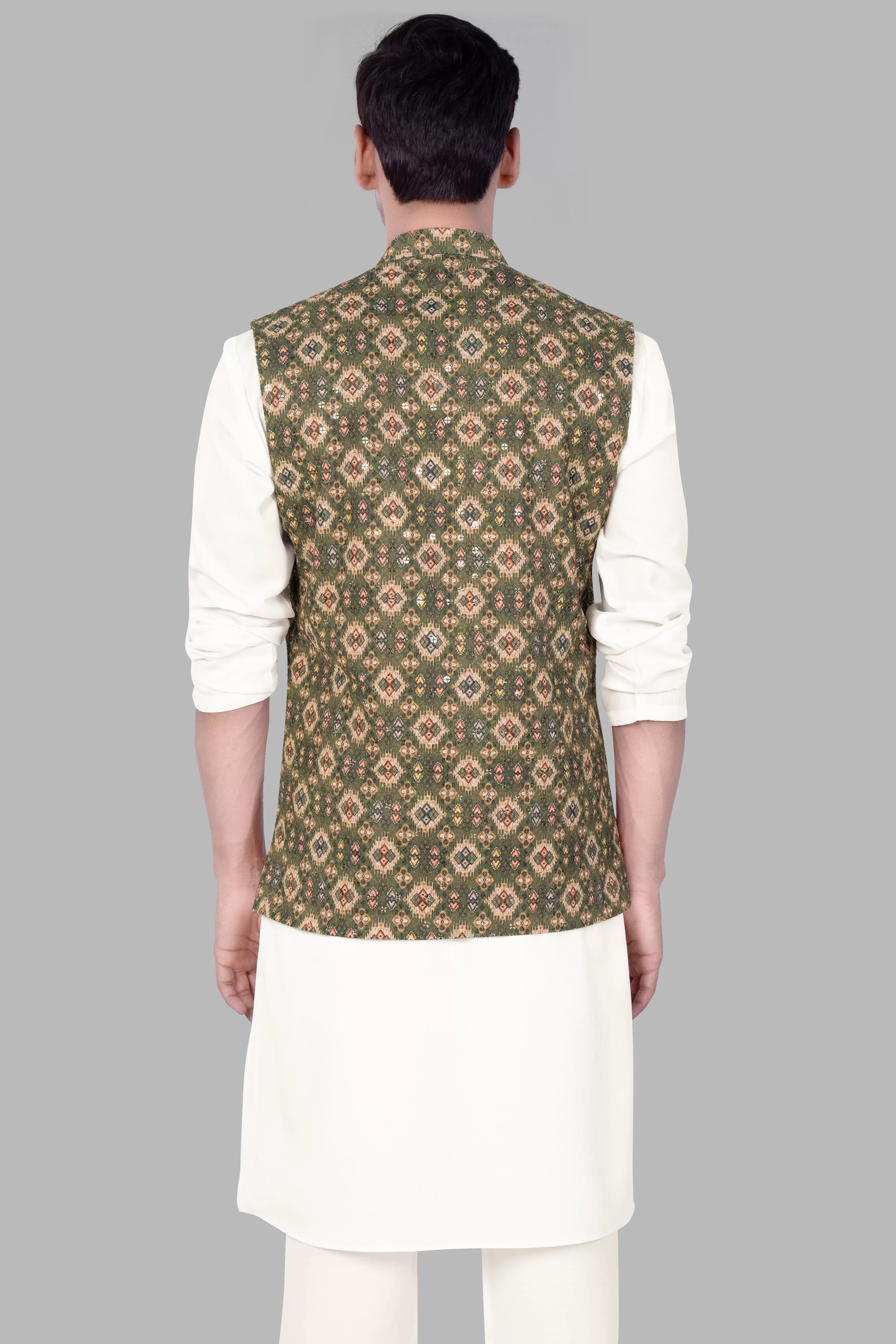 Albescent Cream With Finch Green And Coffee Brown MultiColour Designer Embroidered Nehru Jacket