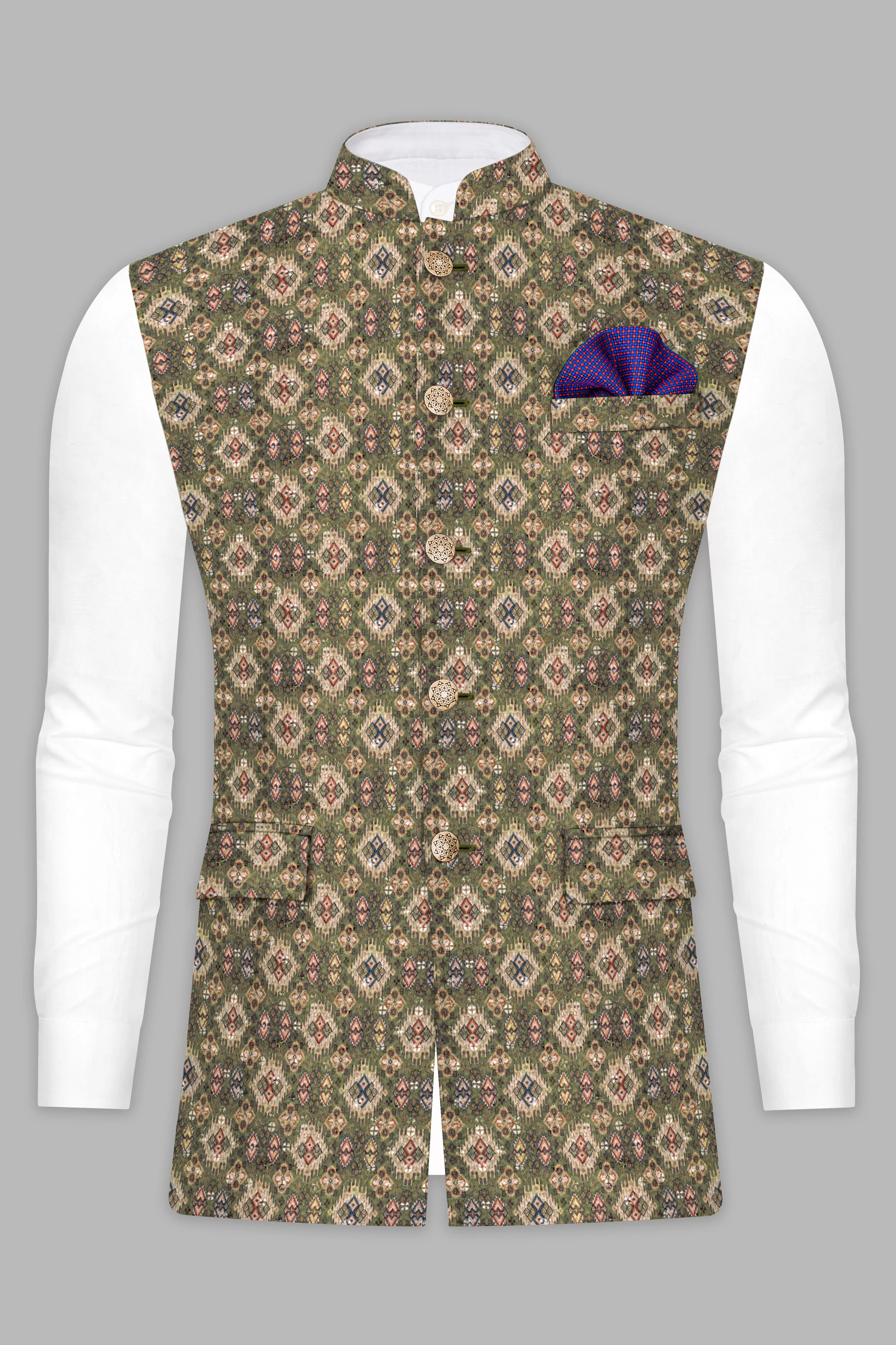 Albescent Cream With Finch Green And Coffee Brown MultiColour Designer Embroidered Nehru Jacket