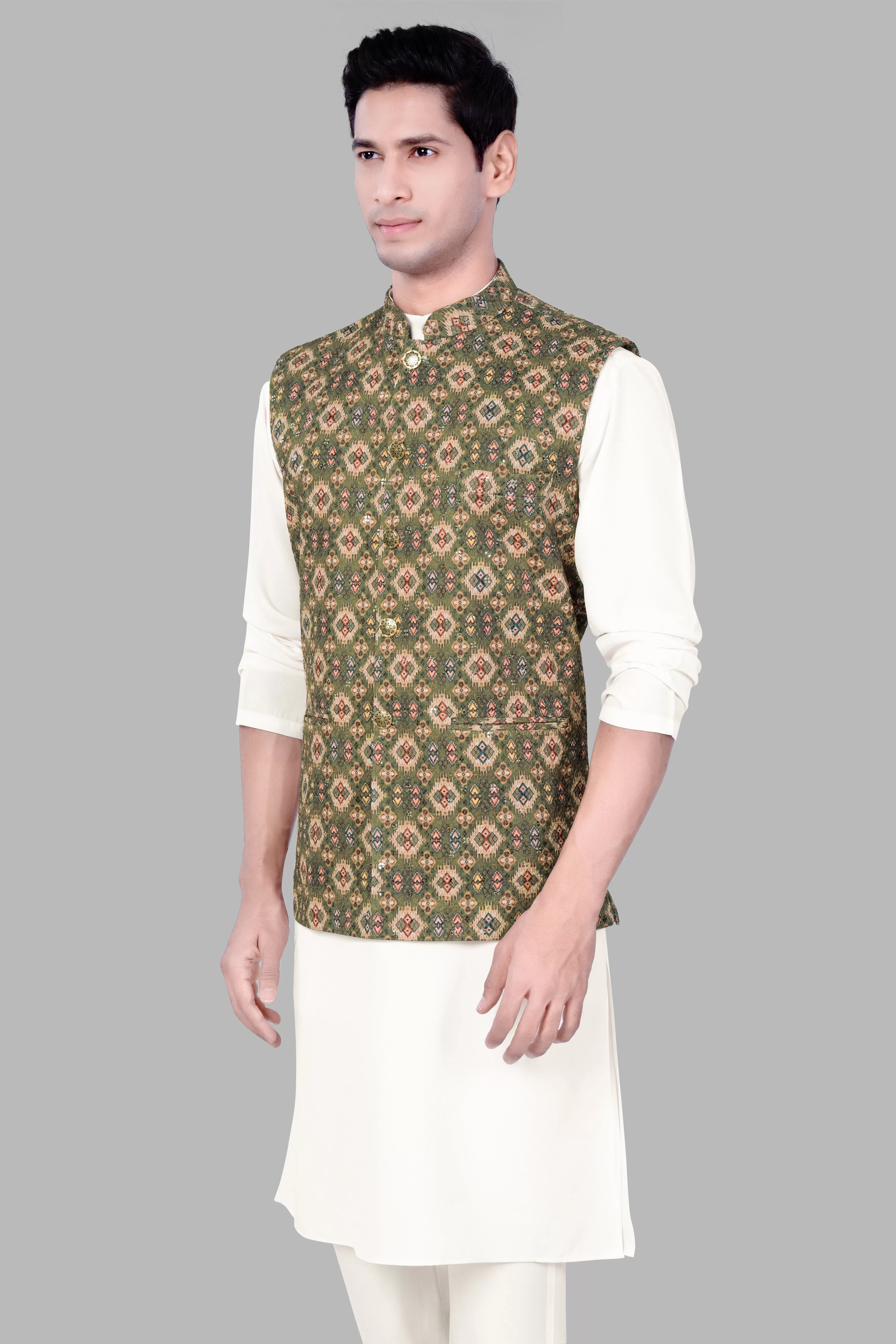 Albescent Cream With Finch Green And Coffee Brown MultiColour Designer Embroidered Nehru Jacket