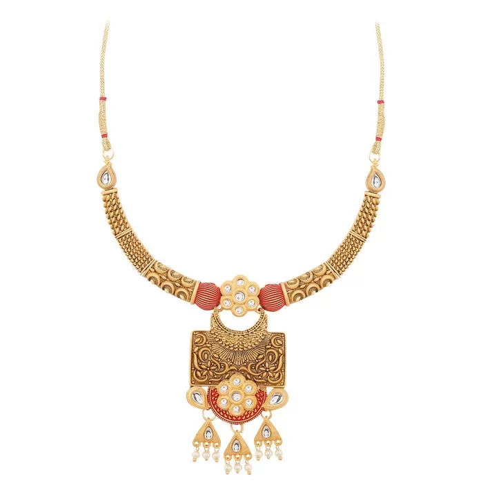 Alloy Choker Necklace Set with Earrings and Maang Tikka in Red