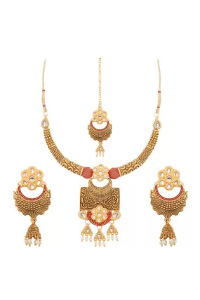 Alloy Choker Necklace Set with Earrings and Maang Tikka in Red