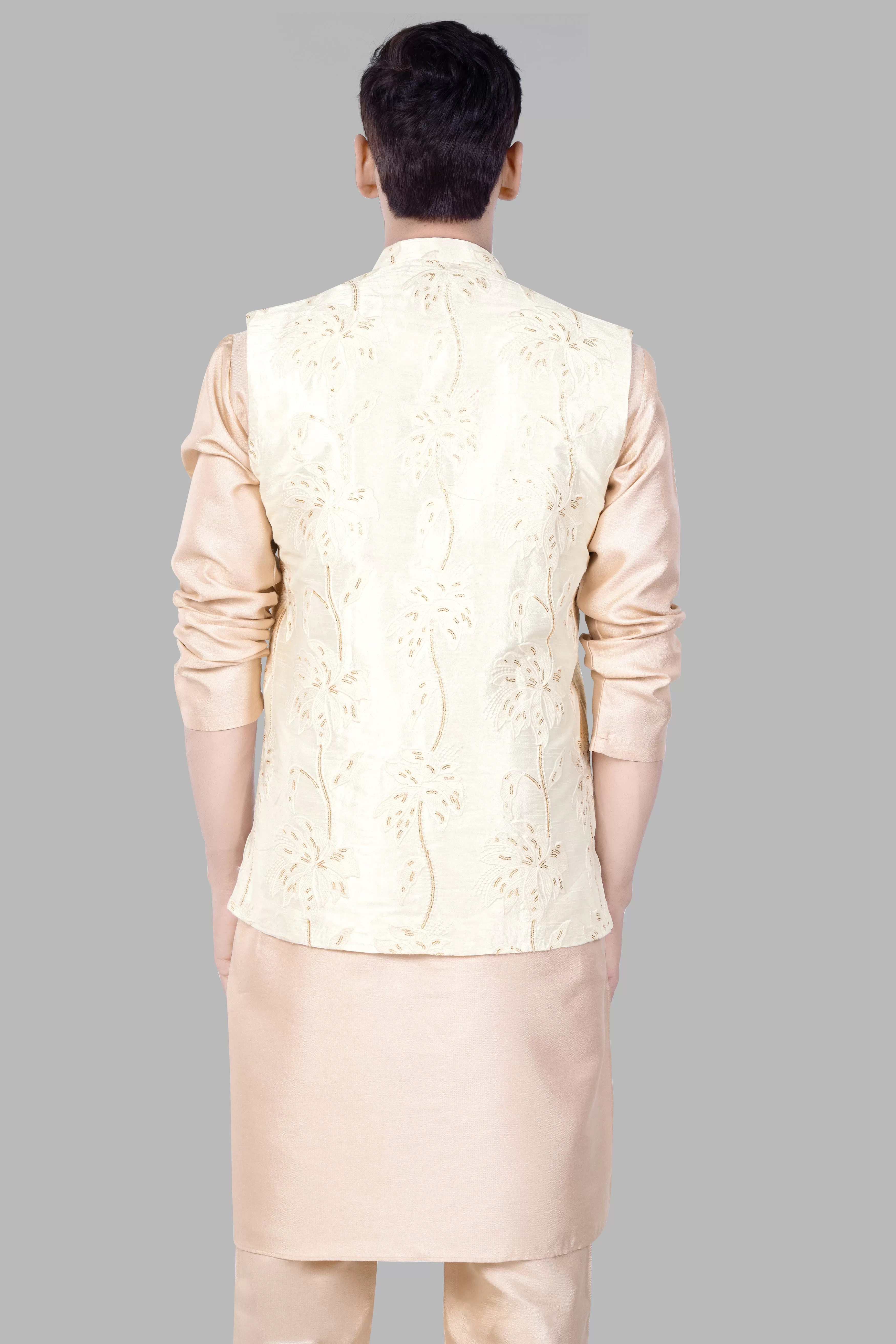 Almond Brown Kurta Set With Bright White Designer Sequin And Thread Embroidered Nehru Jacket