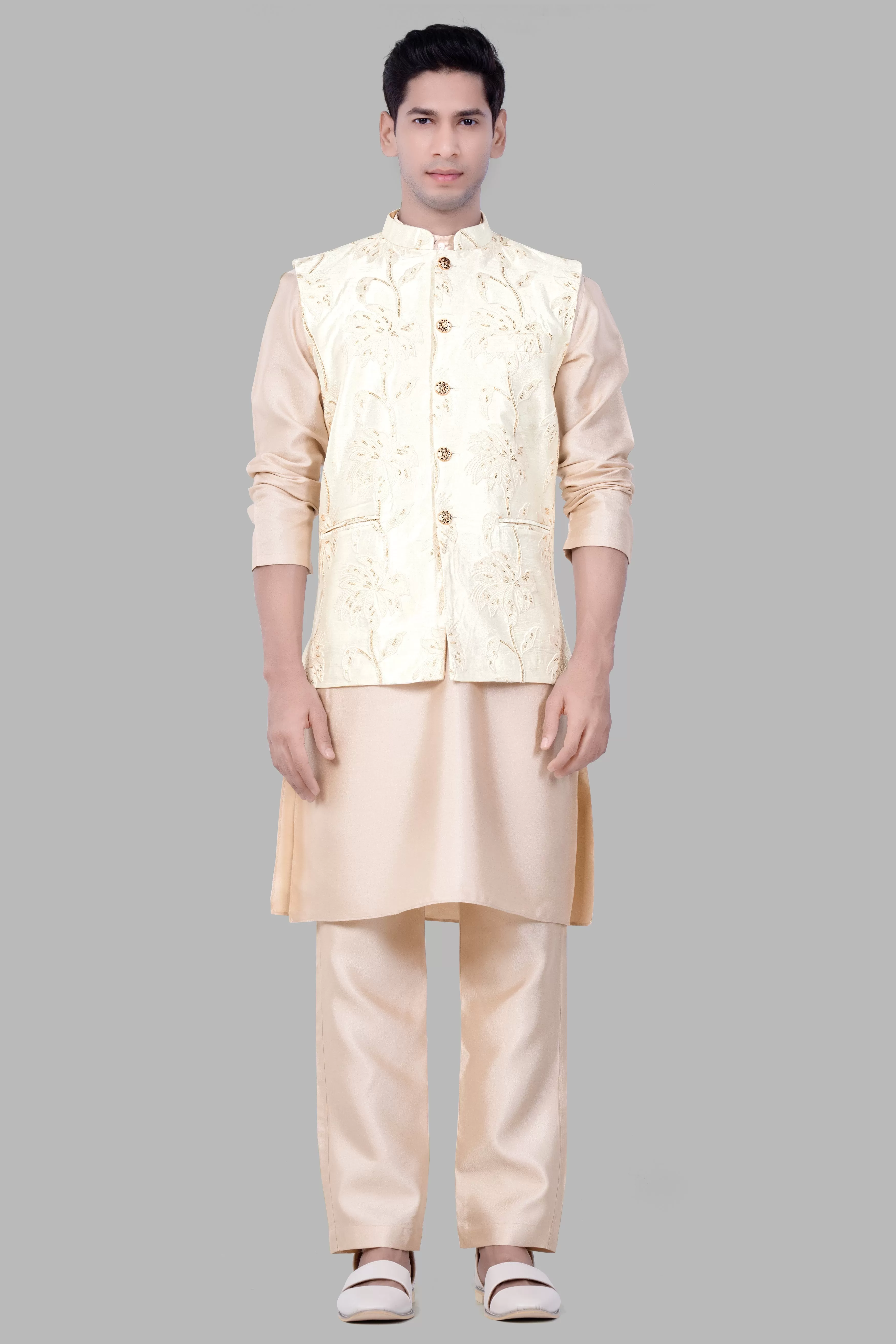 Almond Brown Kurta Set With Bright White Designer Sequin And Thread Embroidered Nehru Jacket