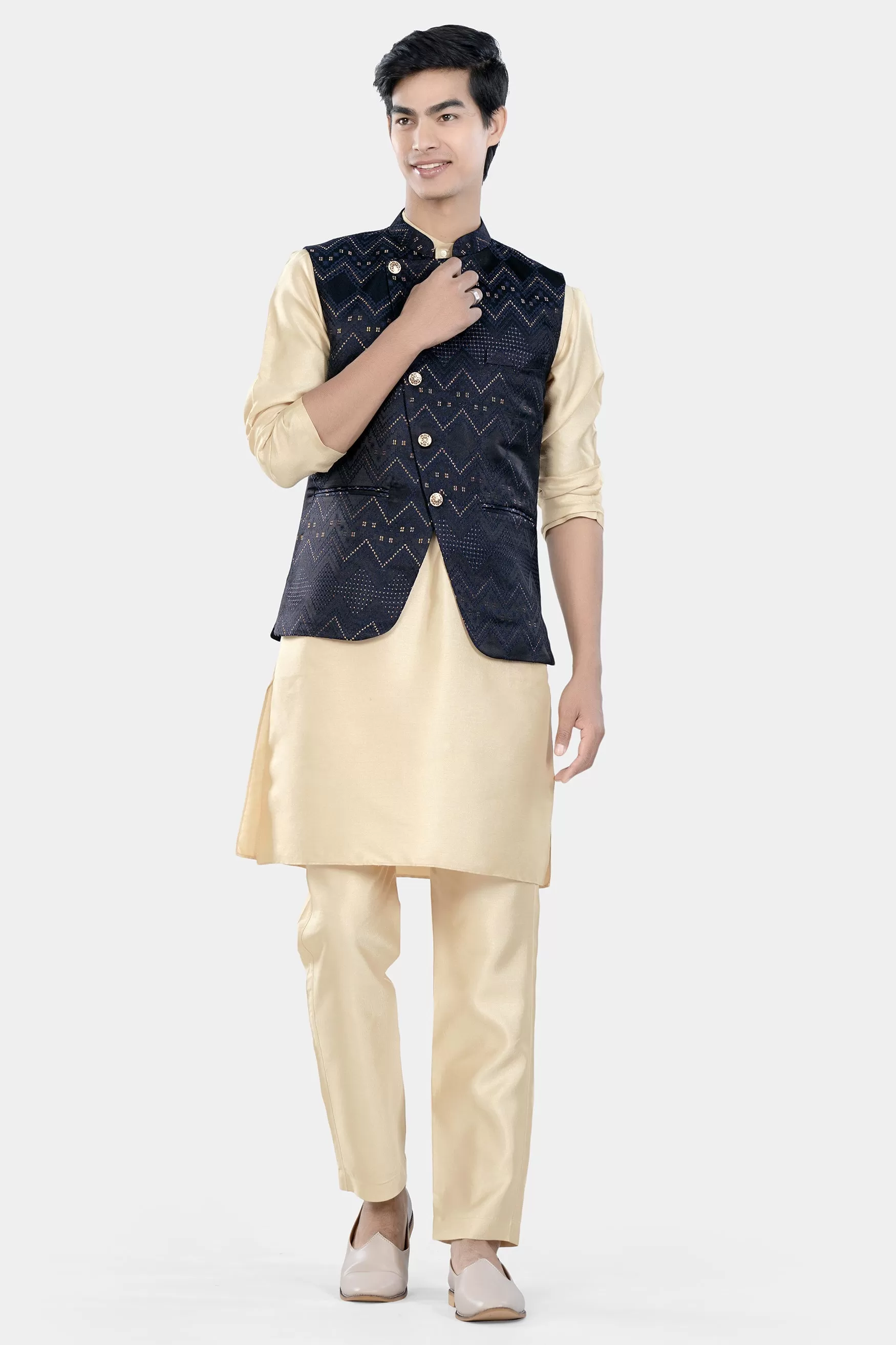 Almond Brown Kurta Set with Bunker and Cloud Burst Blue Chevron Thread Embroidered Designer Nehru Jacket