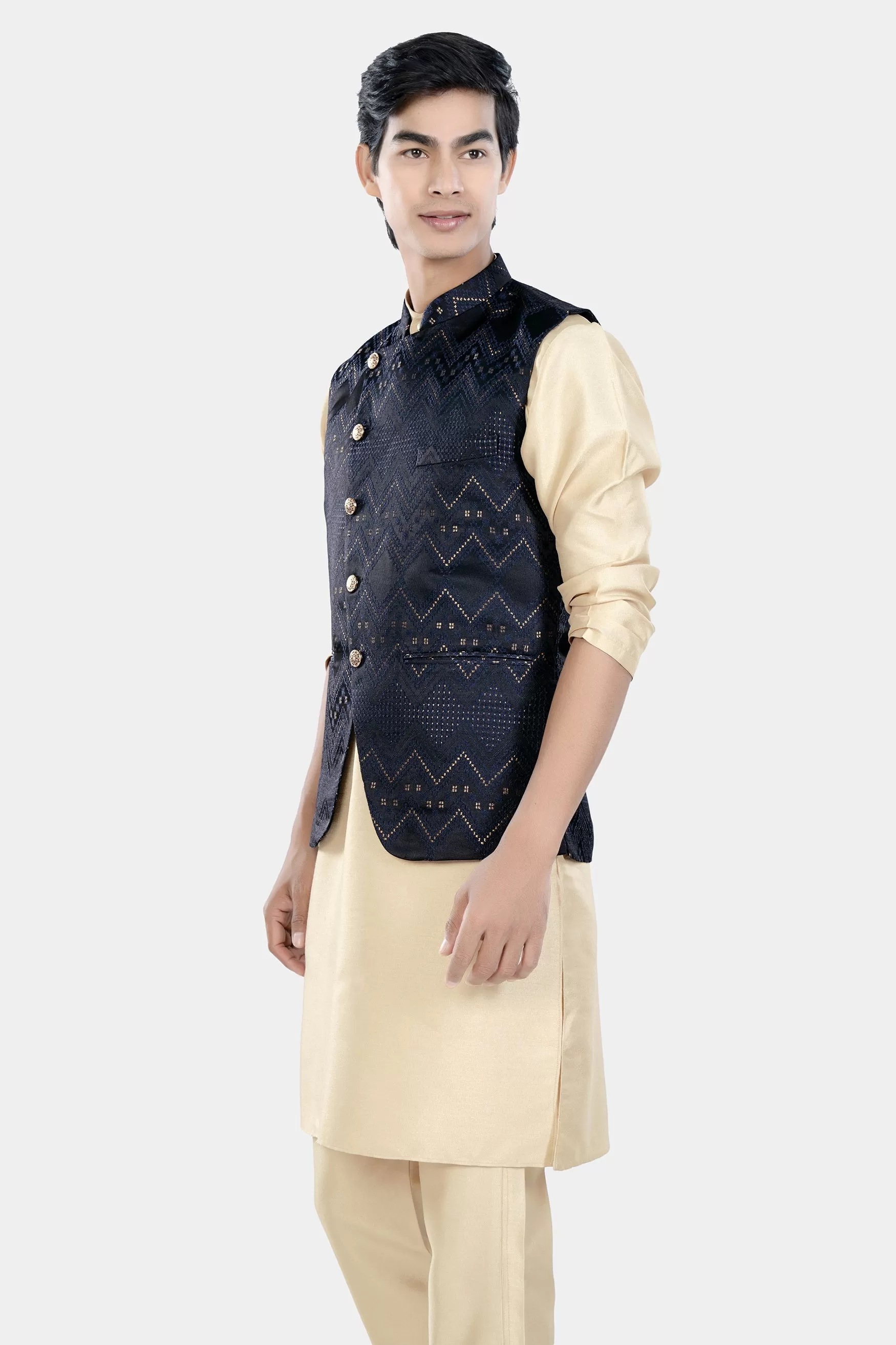 Almond Brown Kurta Set with Bunker and Cloud Burst Blue Chevron Thread Embroidered Designer Nehru Jacket