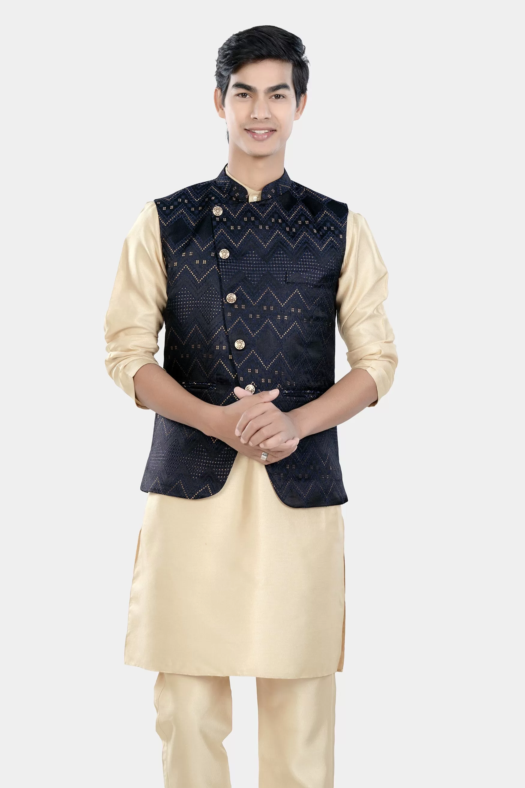 Almond Brown Kurta Set with Bunker and Cloud Burst Blue Chevron Thread Embroidered Designer Nehru Jacket