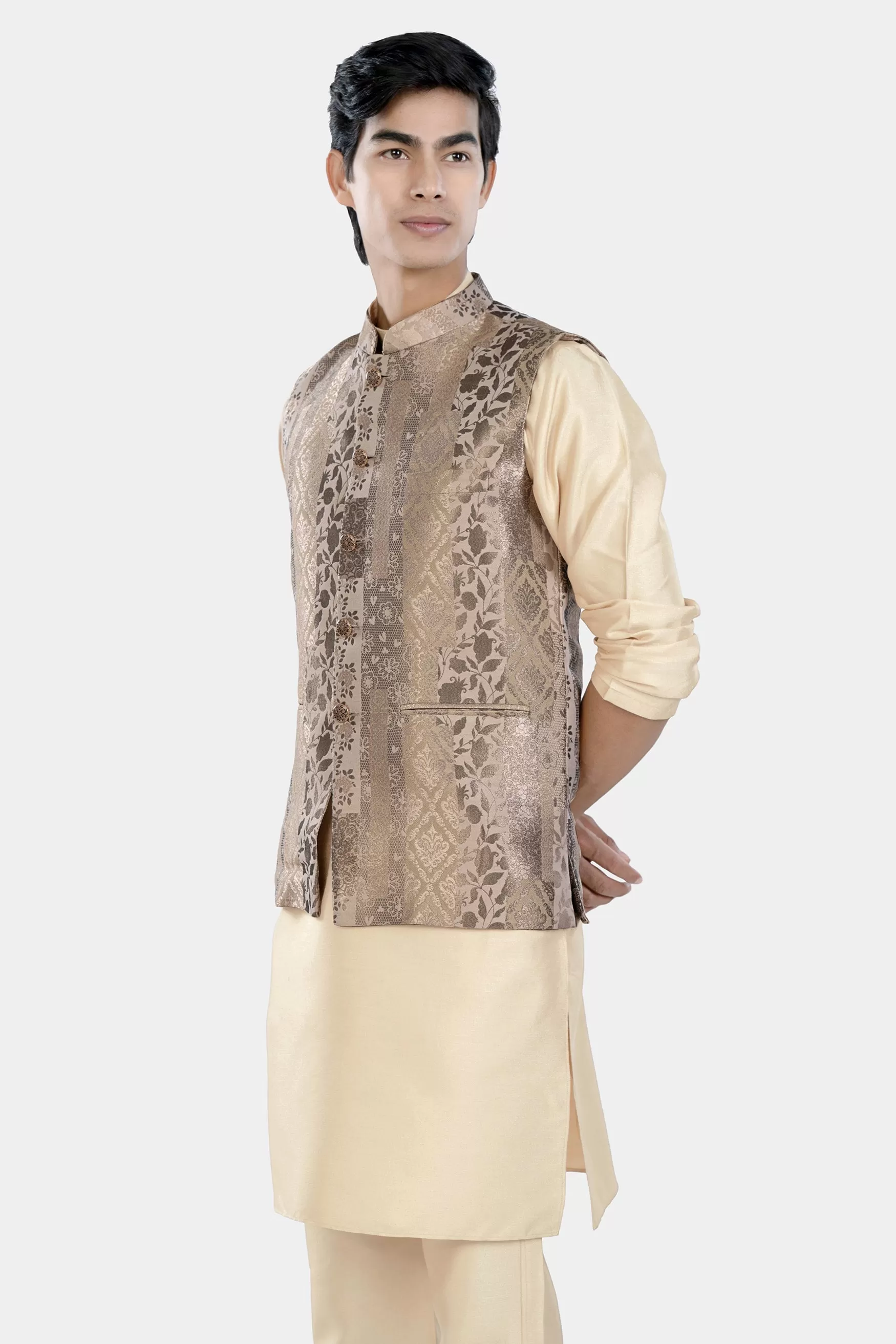 Almond Brown Kurta Set with Cashmere and Sandrift Brown Floral Jacquard Textured Designer Nehru Jacket